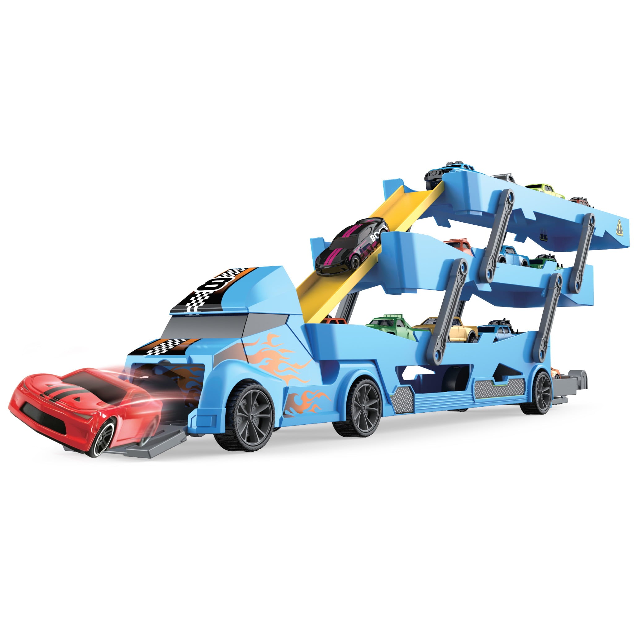 TOYLI Vehicle Playset Toy Car Hauler Carrier Truck with Track， Launcher， 6 Metal Die-Cast Vehicles， for Boys Girls Toddlers