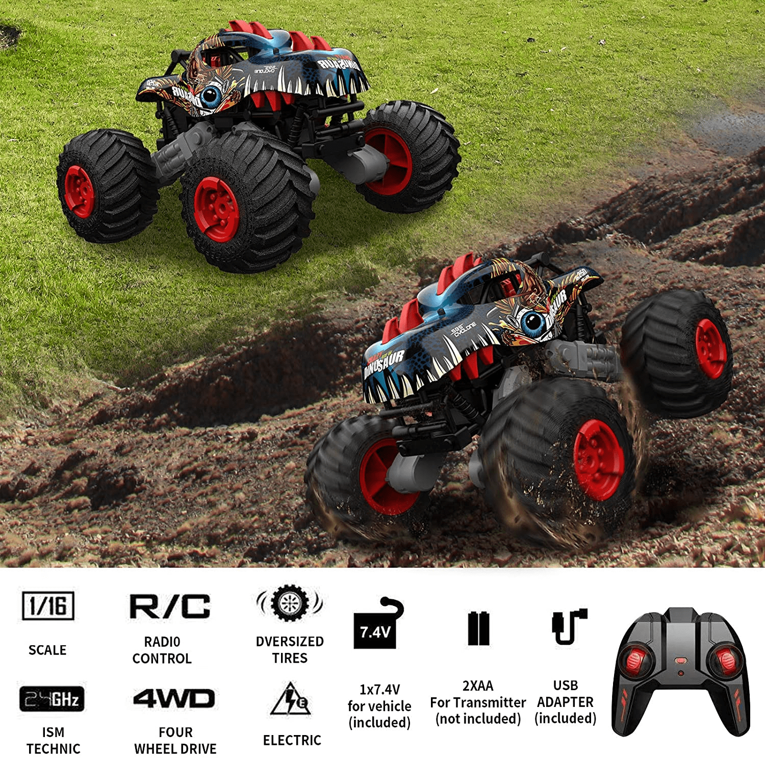 Remote Control Monster Truck Toys for Boys 3-6 Years RC Dinosaur Cars 1:16 Off Road 20+MPH 4WD Car Birthday Christmas Gifts
