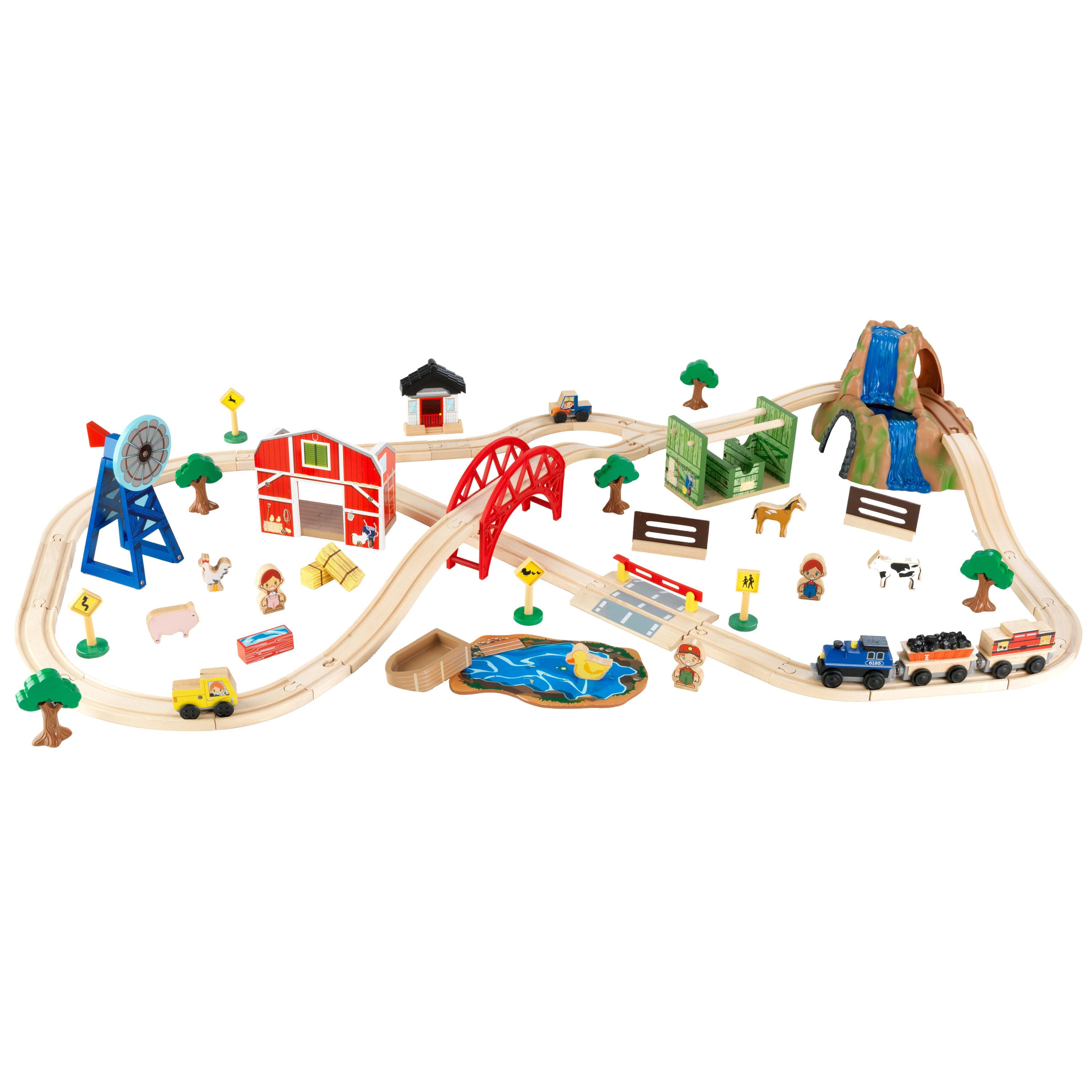 KidKraft Wooden Farm Train Set with 75 Pieces Included， Children's Toy Vehicle Playset