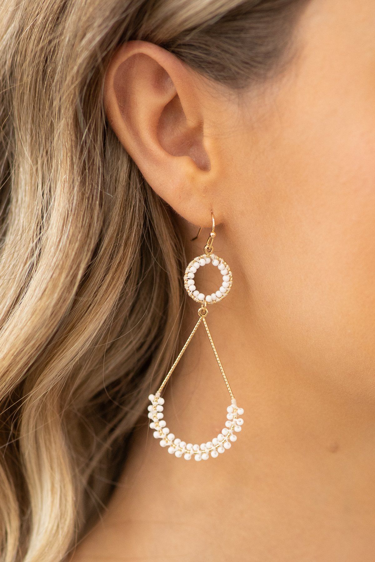 White Teardrop Beaded Dangle Earrings