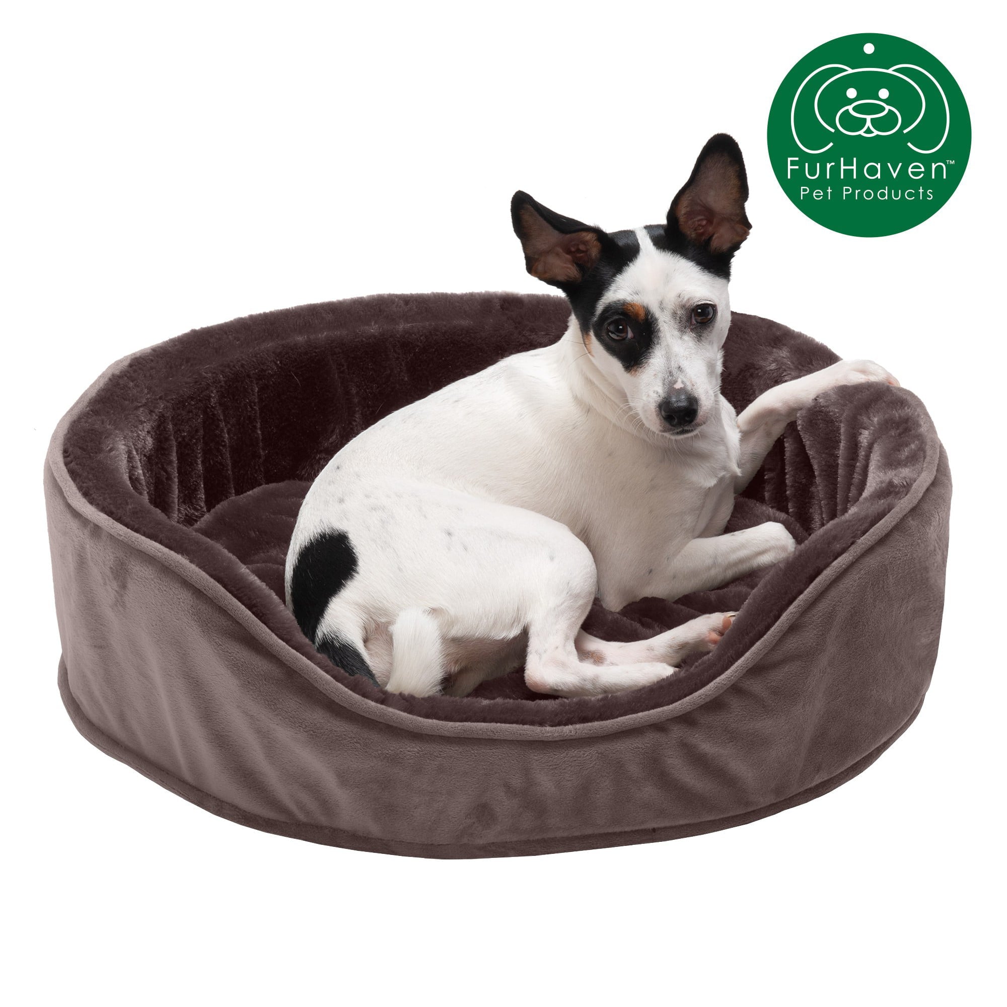 FurHaven | Orthopedic Plush and Velvet Oval Pet Bed for Dogs and Cats， Driftwood Brown， Medium