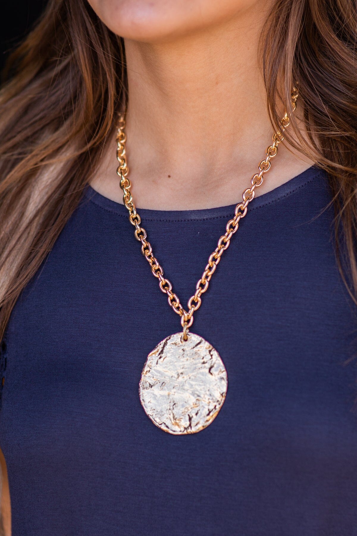 Gold Hammered Metal Pendant Necklace