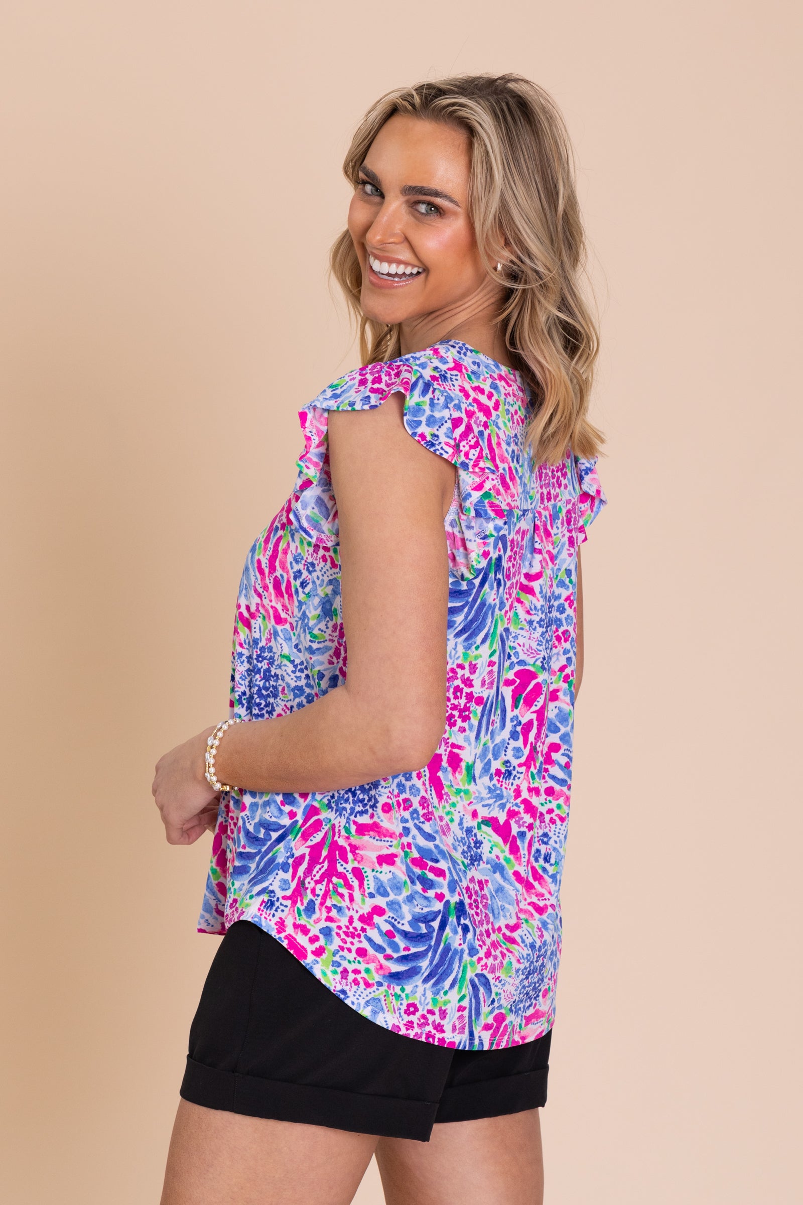 Violet Blue Ruffle Sleeve Wrinkle Free Liz Top