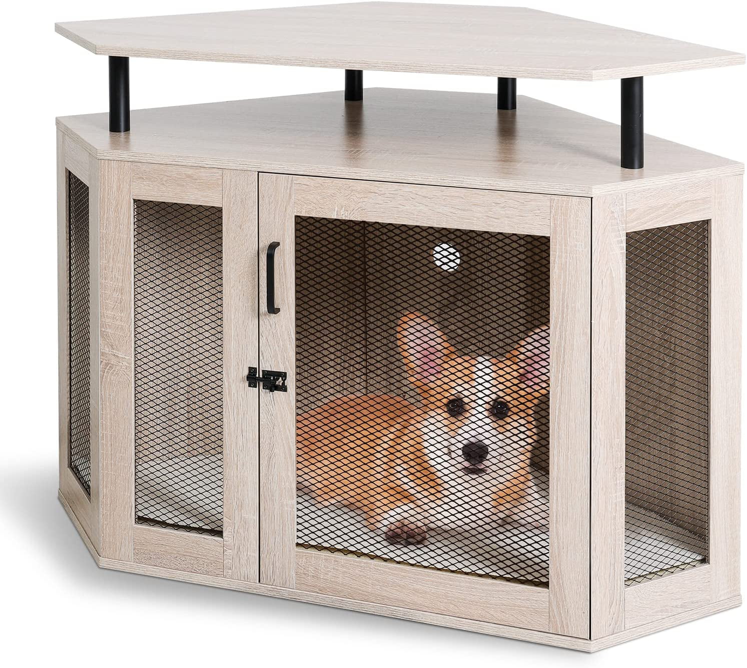 Kfvigoho Corner Dog Crate with Cushion， Dog House， Dog Crate Indoor Use， Modern Dog Kennel with Wooden and Wire Mesh， Large Pet House with Multiple Function Perfect for Limited Room， Apartment