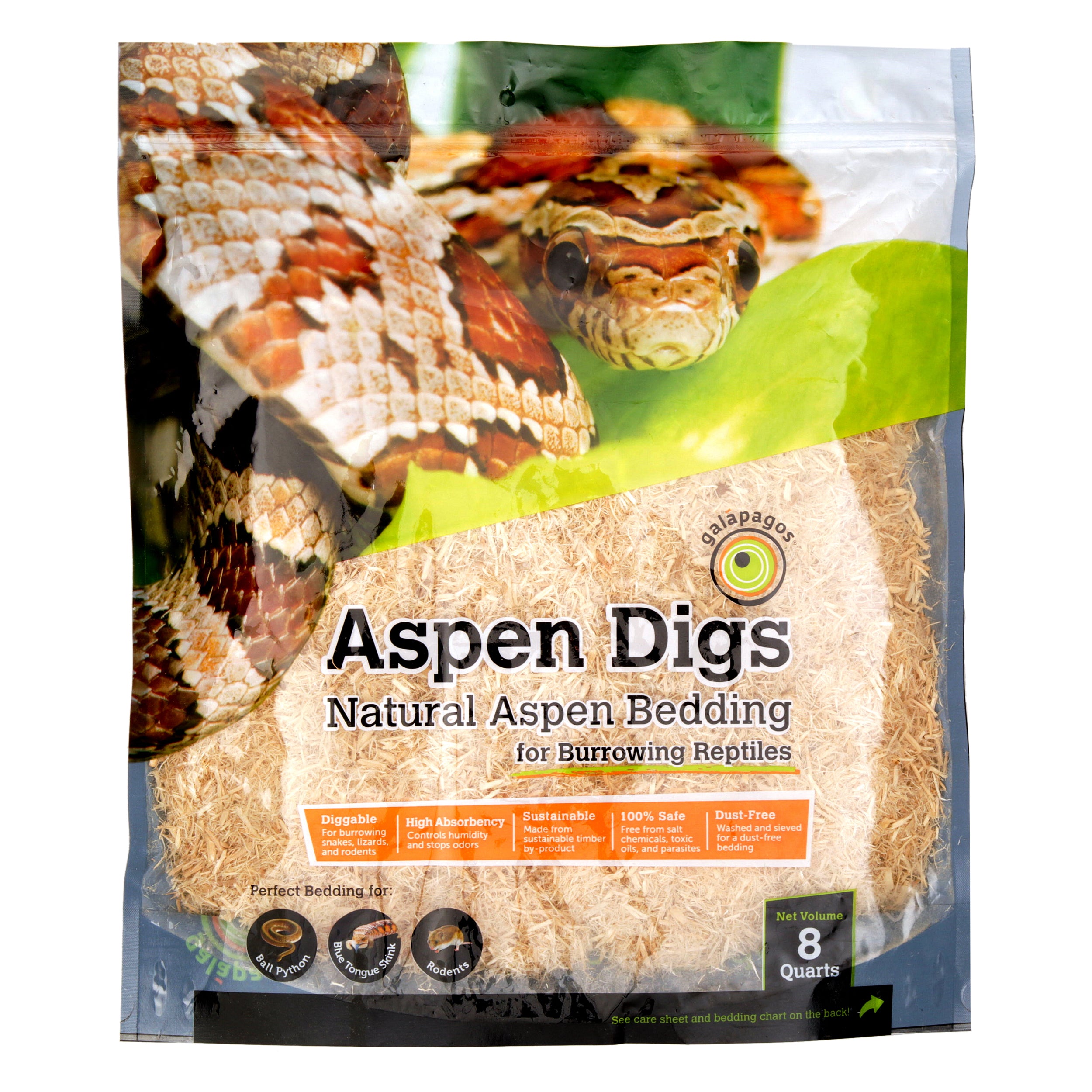 Galapagos Aspen Digs， White Natural， 8qt Stand-up Pouch Reptile