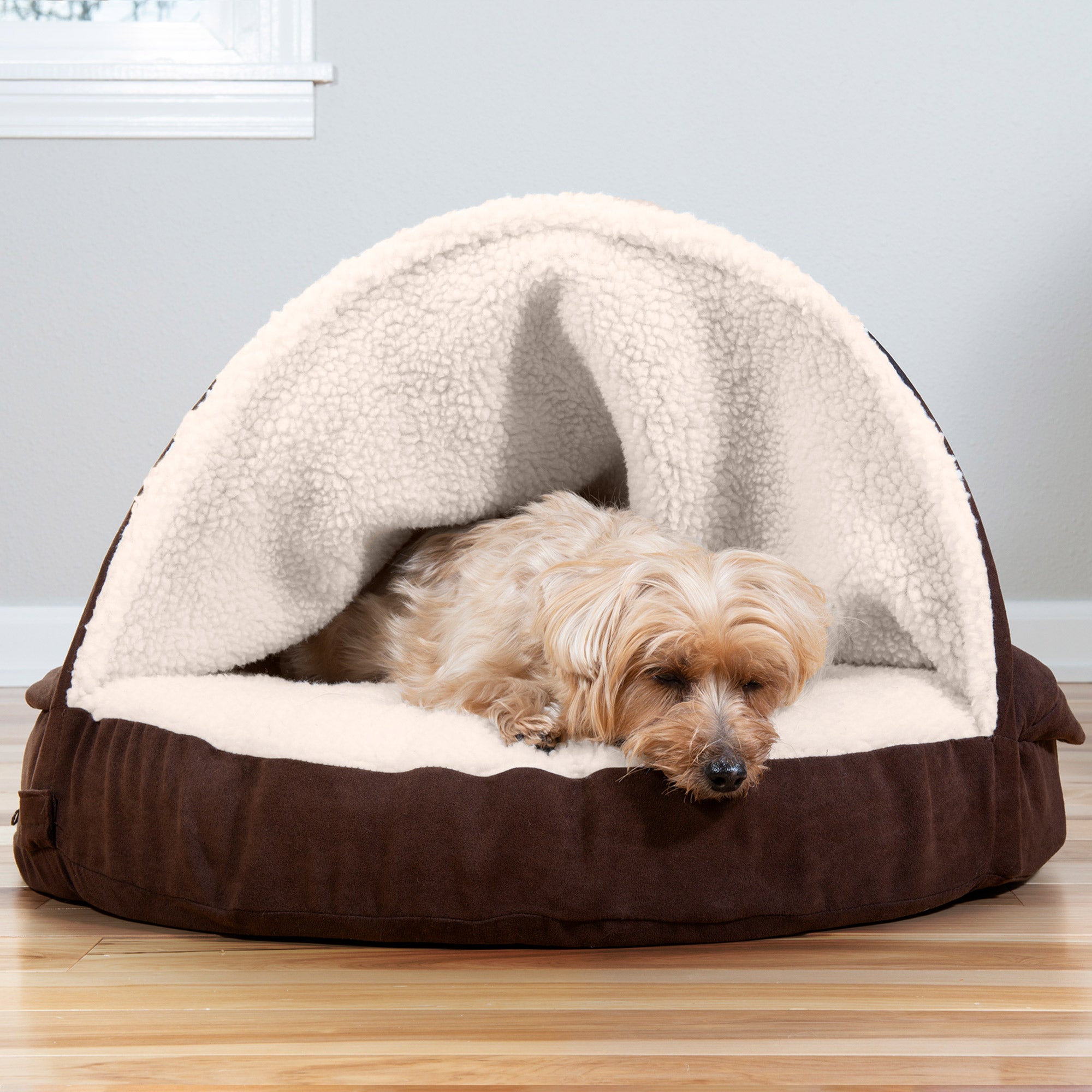 FurHaven | Memory Foam Faux Sheepskin Snuggery Burrow Pet Bed for Dogs and Cats， Espresso， 26-Inch