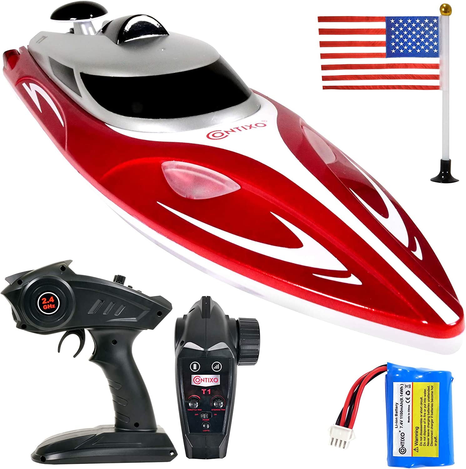 Contixo Remote Control Racing Boat for Pools and Lakes， Fast RC Boats for Adults and Kids with 15+ mph Speed， 4 Channel 2.4 GHz Remote Control， and Rechargeable 1100mAh Battery， Up to 20 min Play