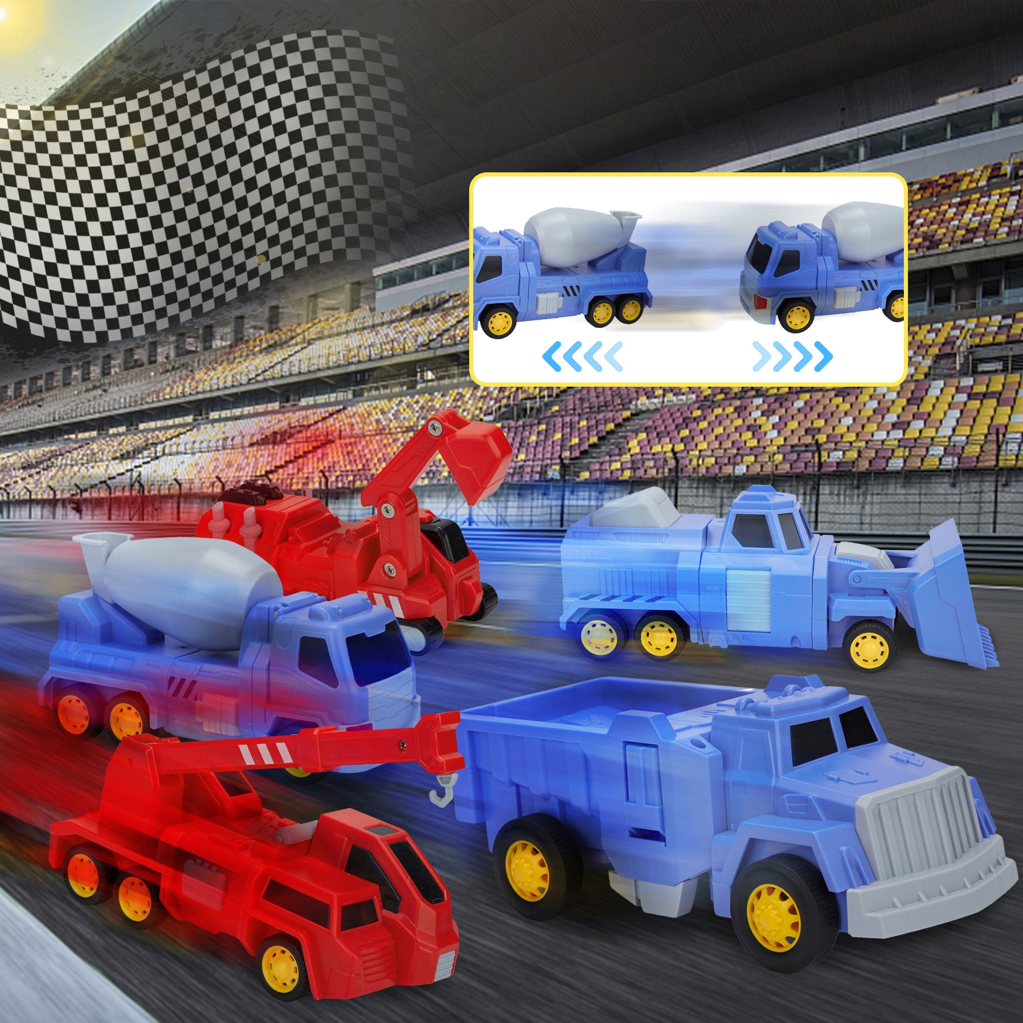 LELINTA Truck Transforming Robot Toy Cars Gift for Kids， 5-in-1 Construction Vehicles Transformer into Robot Action Figures， Assemble into Giant Pull-Back Truck with Sound and light