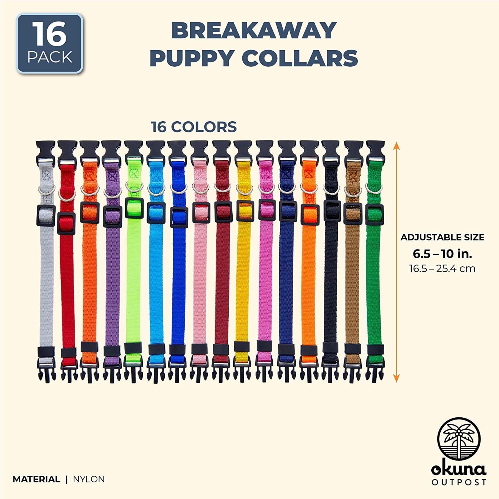 16 Pack Puppy Snap ID Collars for Small Dogs and Puppies， Adjustable， Rainbow Colors (6.5 - 10in)