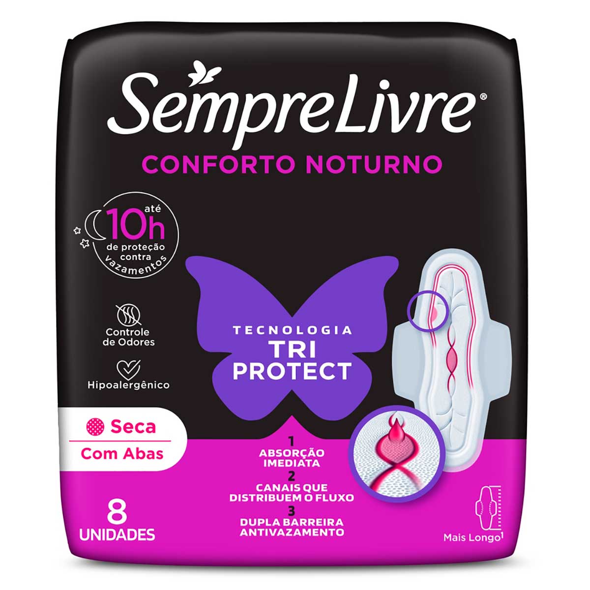 Absorvente com Abas Sempre Livre Conforto Noturno Seca 8 Unidades