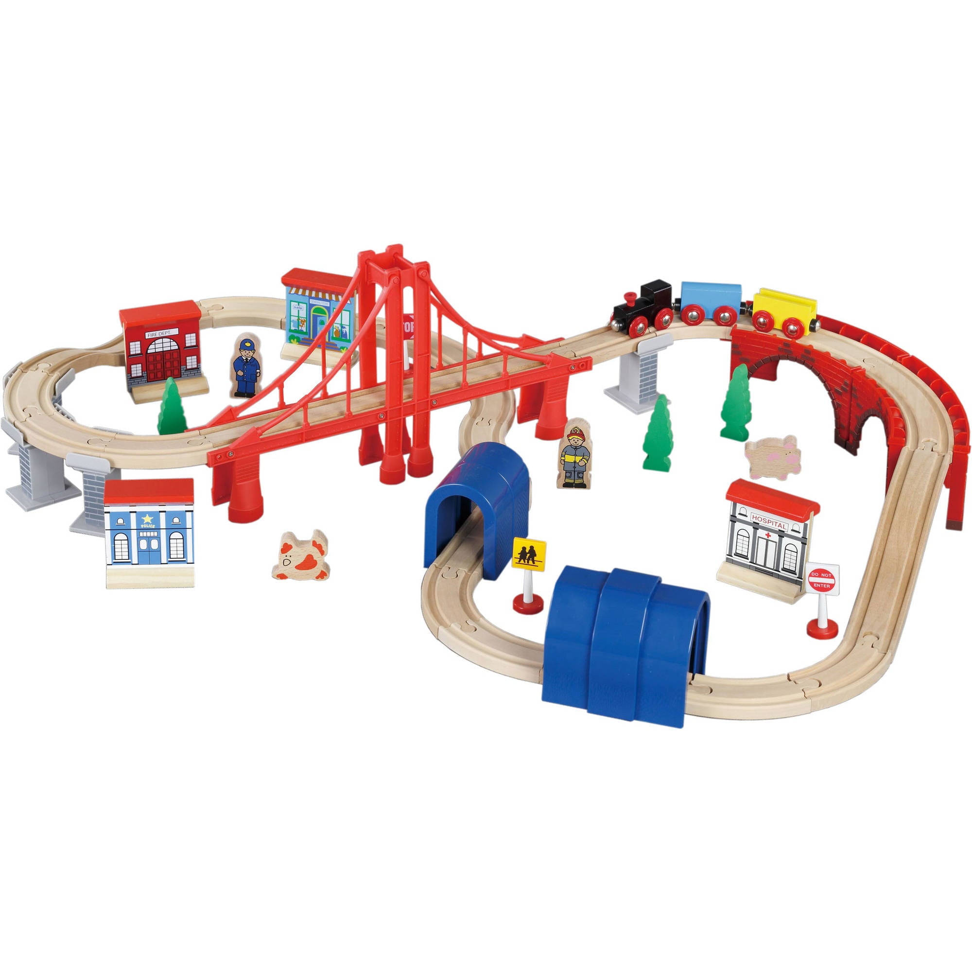 Giant 60 Piece Wooden Train Set - Complete Toy Railway for Ages 3-8 with Tracks， Engine， Cars， Bridges， Stations， People， Signs. Genuine Hardwood， Durable， Compatible with All Major Brand Accessories