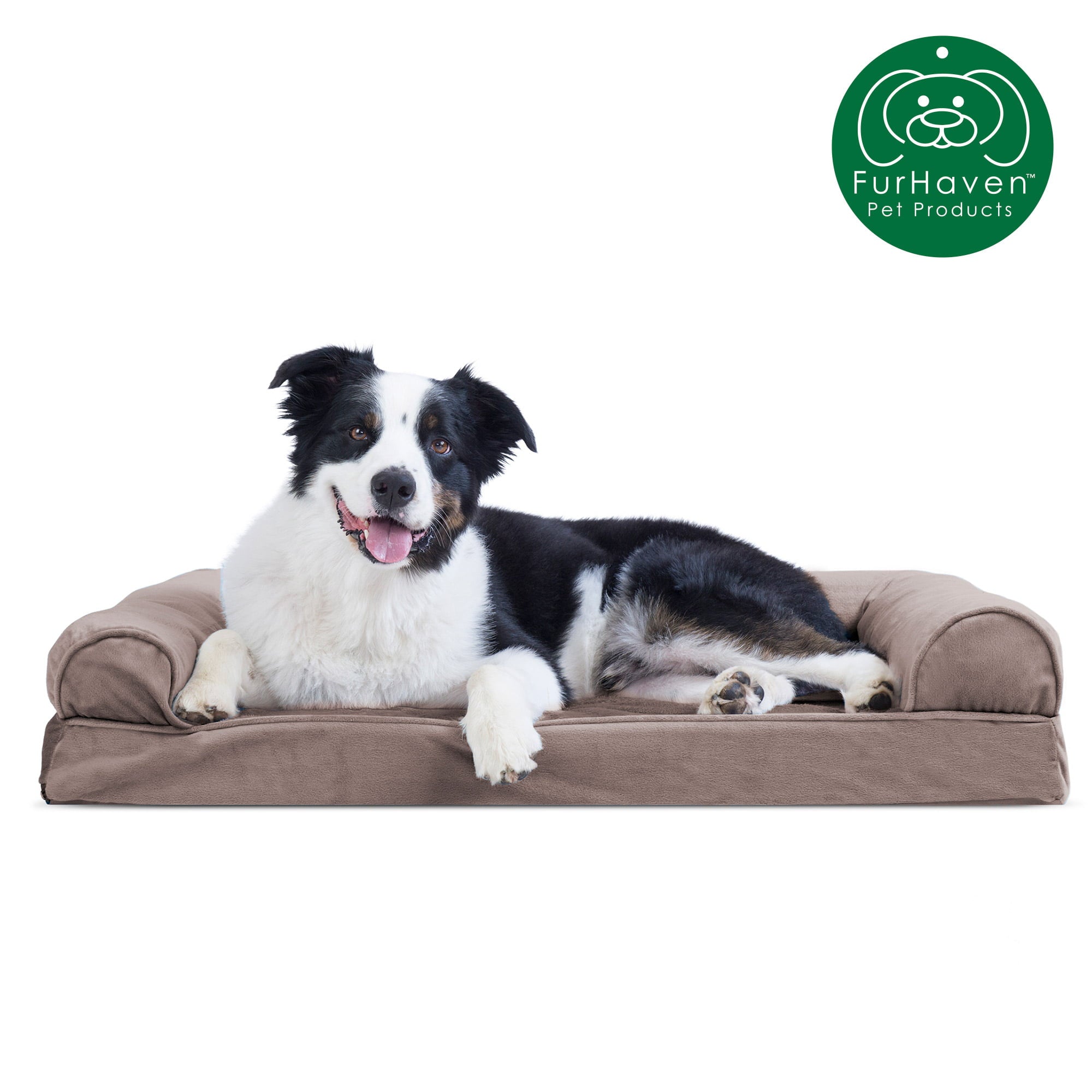 FurHaven Pet Products | Cooling Gel Memory Foam Orthopedic Faux Fur and Velvet Sofa-Style Couch Pet Bed for Dogs and Cats， Driftwood Brown， Large