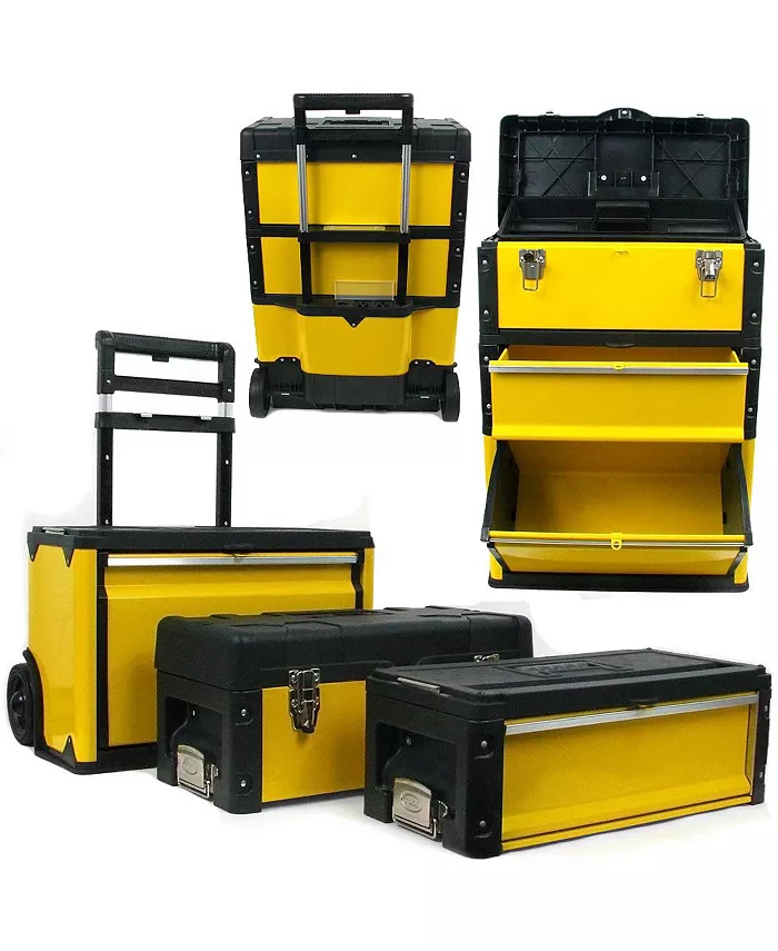 Stalwart Portable Tool Box on Wheels - Stackable 3-in-1 Chest for Workshops and Craft Rooms - Foldable Comfort Handle and Latches by (Black Yellow)