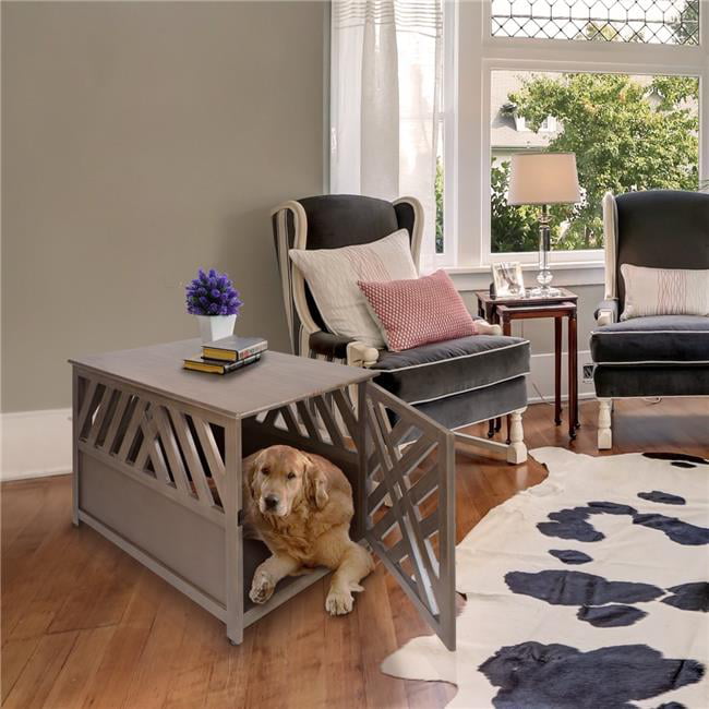 Modern Lattice Wooden Pet Crate End Tableand#44; Gray