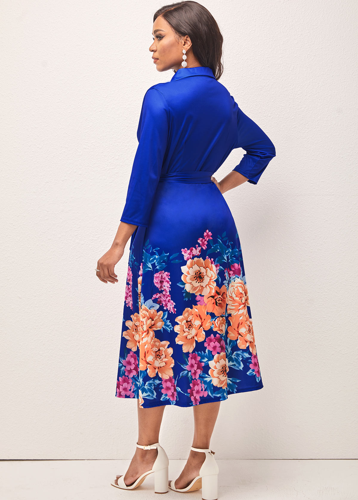 Belted Navy Blue Floral Print V Neck Dress