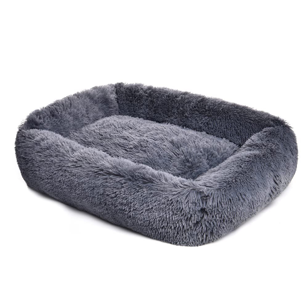 Rectangle Plush Dog Bed Cat Beds for Small Dogs，Washable Medium Pet Beds Medium（26x22x7in，Under 25 lbs）， Darkgrey