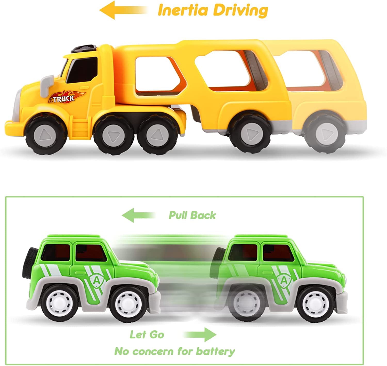 LAYADO 5 in-1 Toy Trucks for Boys，Truck Toy for 1 2 3 4 5 6 Year Old Girls and Boys，Big Transport Truck with 4 Small Pull Back Cars，Carrier Truck Toy with Sound and Light，Gifts for Birthday