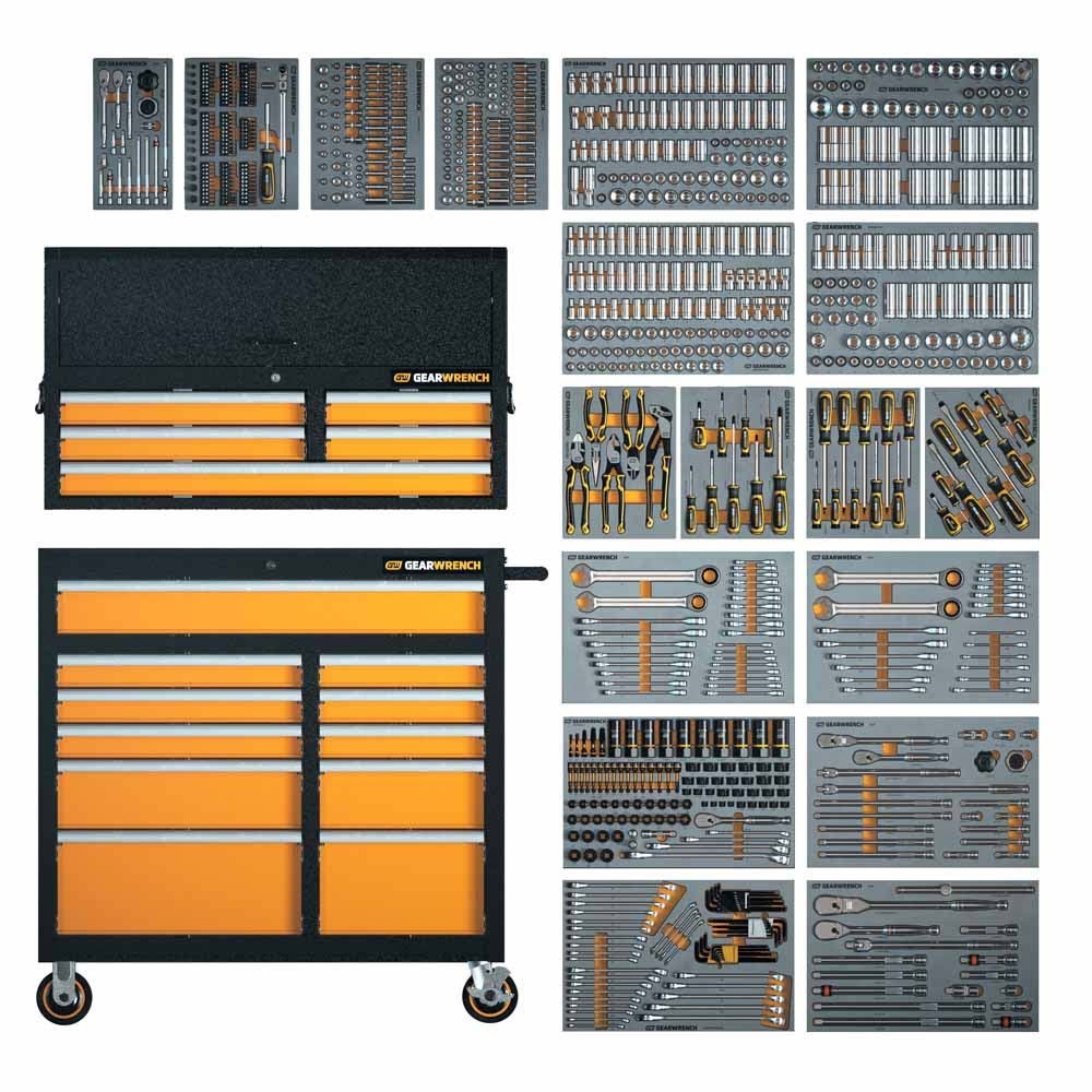 Conjunto de ferramentas GearWrench MEGAMOD873 Master Technician com 873 peças, em bandejas modulares com compartimentos para armazenamento.