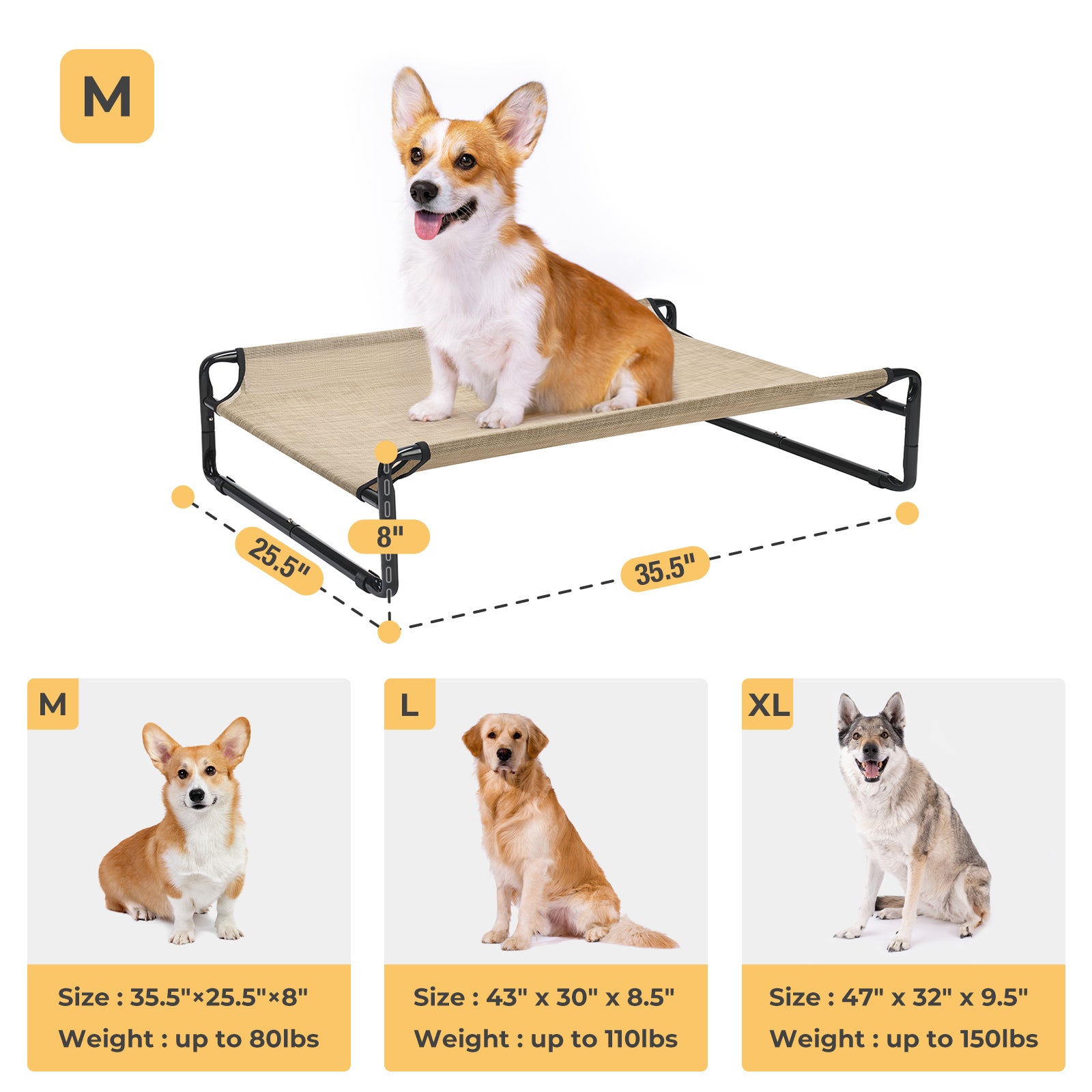 Veehoo Original Cooling Elevated Dog Bed， Raised Dog Cot with Washable Mesh， Medium， Beige Coffee