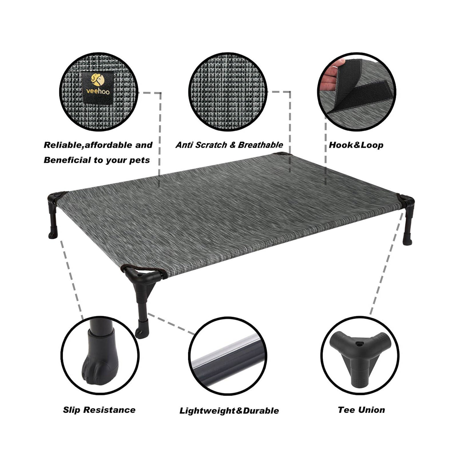 Veehoo Cooling Elevated Dog Bed， Portable Raised Pet Cot with Washable Mesh， Medium， Black Silver