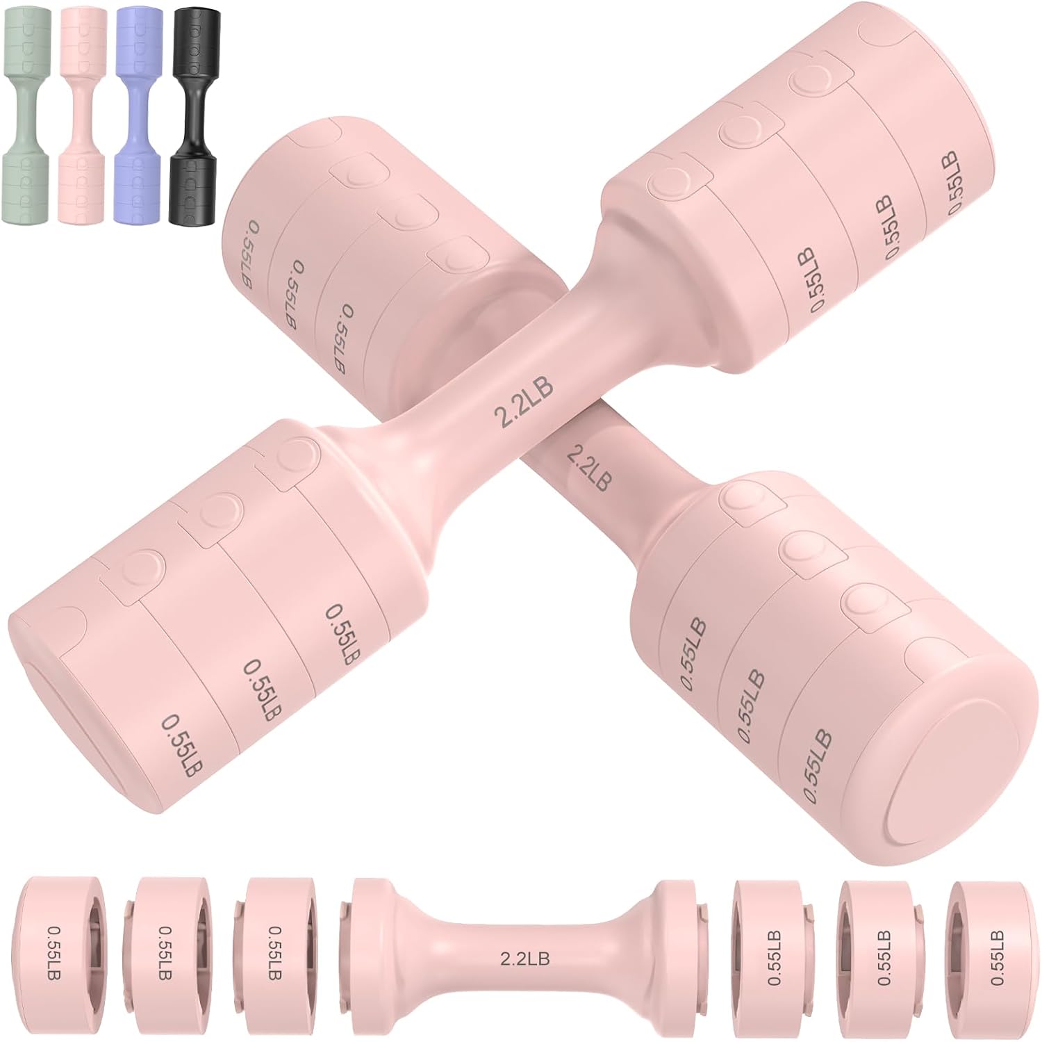 여성용 무게 조절식 덤벨 세트 (2개입), 각 11lb/쌍, 개당 2.2lb, 3.3lb, 4.4lb, 5.5lb 무게의 홈짐 피트니스 트레이닝용 덤벨 세트