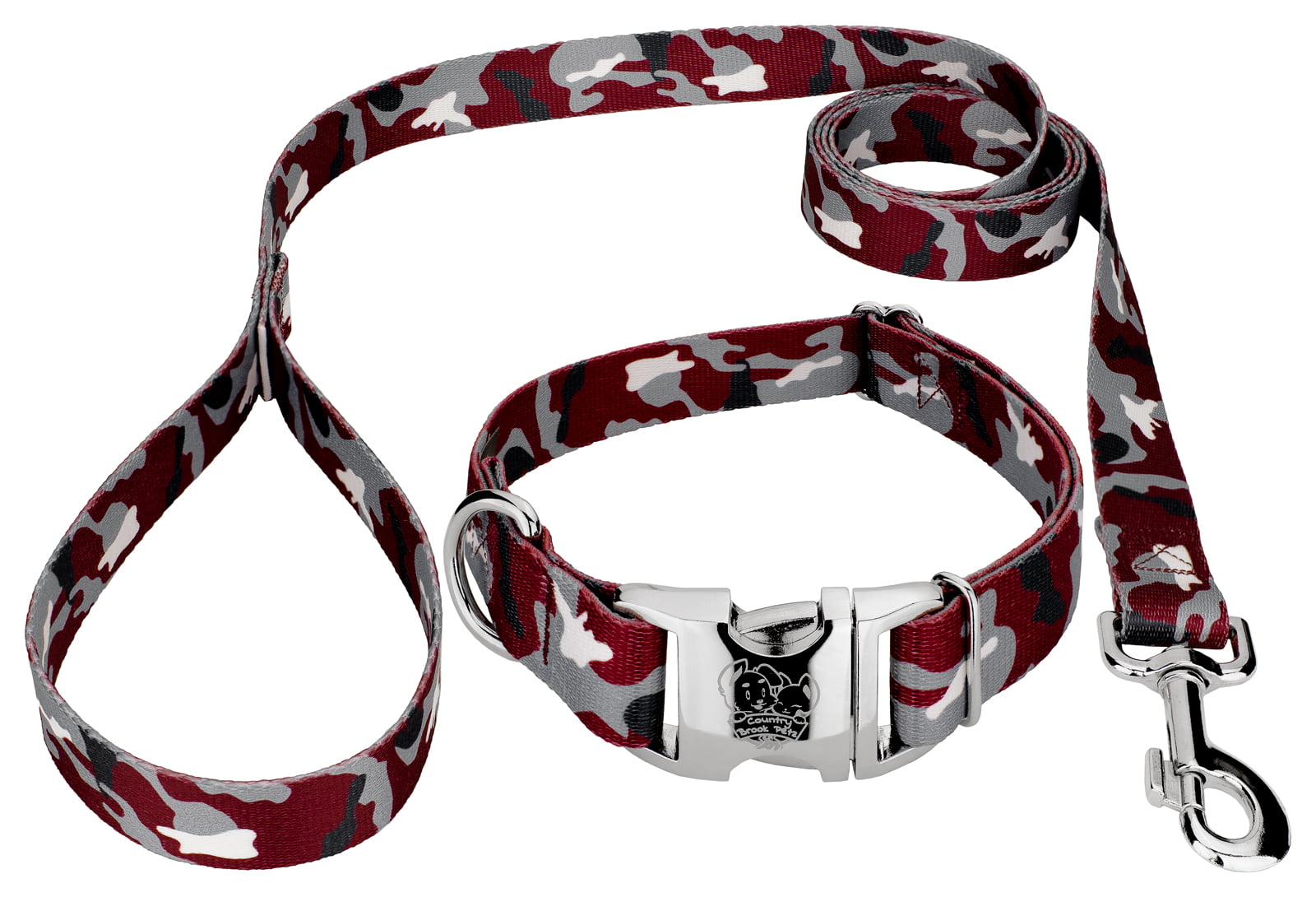 Country Brook Petz® Premium Crimson and White Camo Dog Collar and Leash， Small