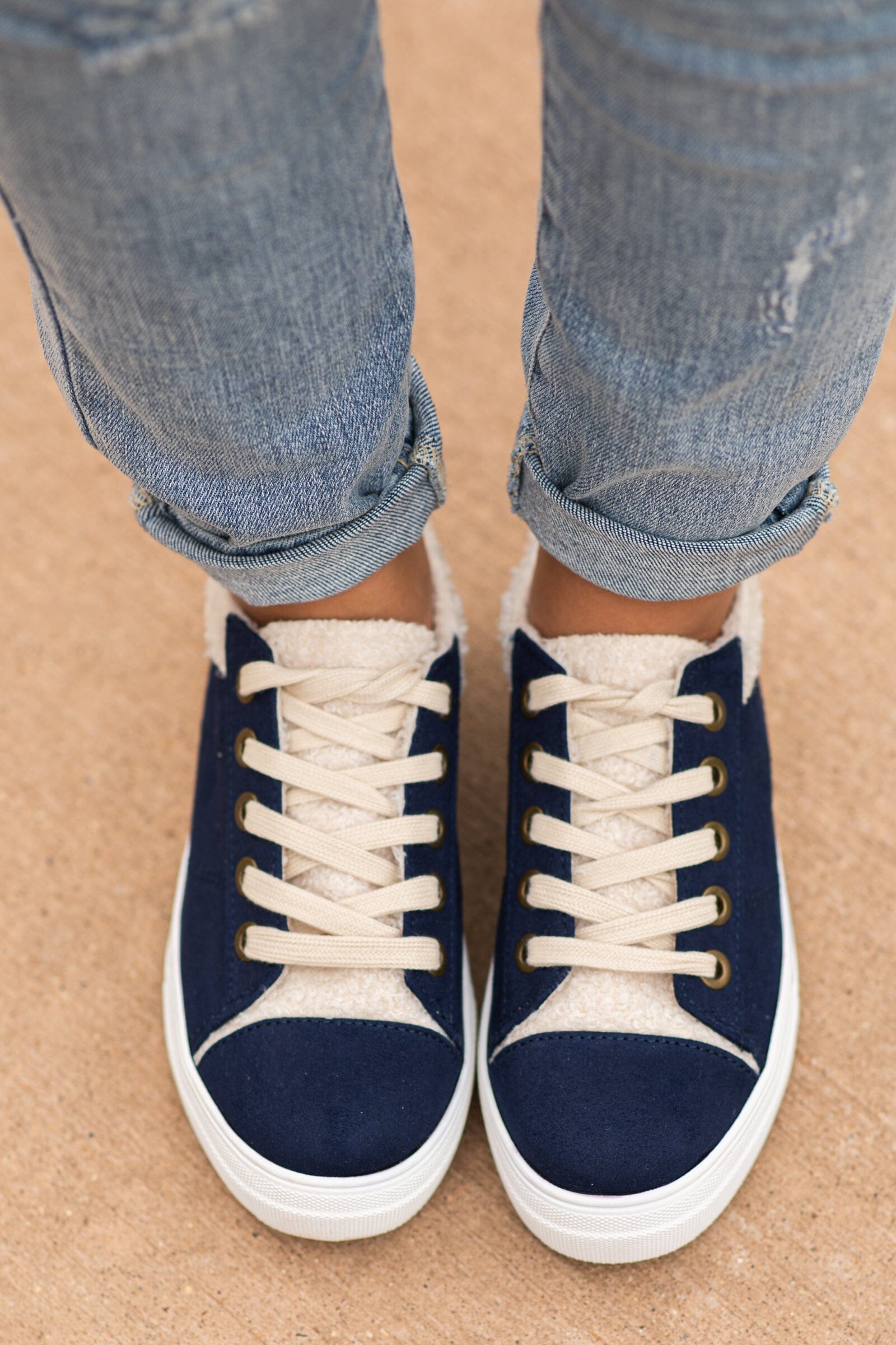 Navy and Beige Lace Up Sneakers