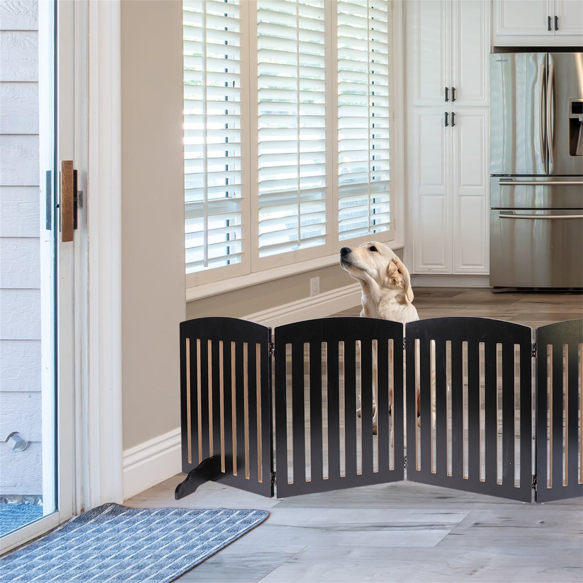 Pet Gate， 7*2 Ft Wooden Freestanding Foldable Pet Gate for DogsandCats， 4 Panels Step Over Fence， Support Feet Included， Dog Gate for The House， Doorway， Stairs， Extra Wide