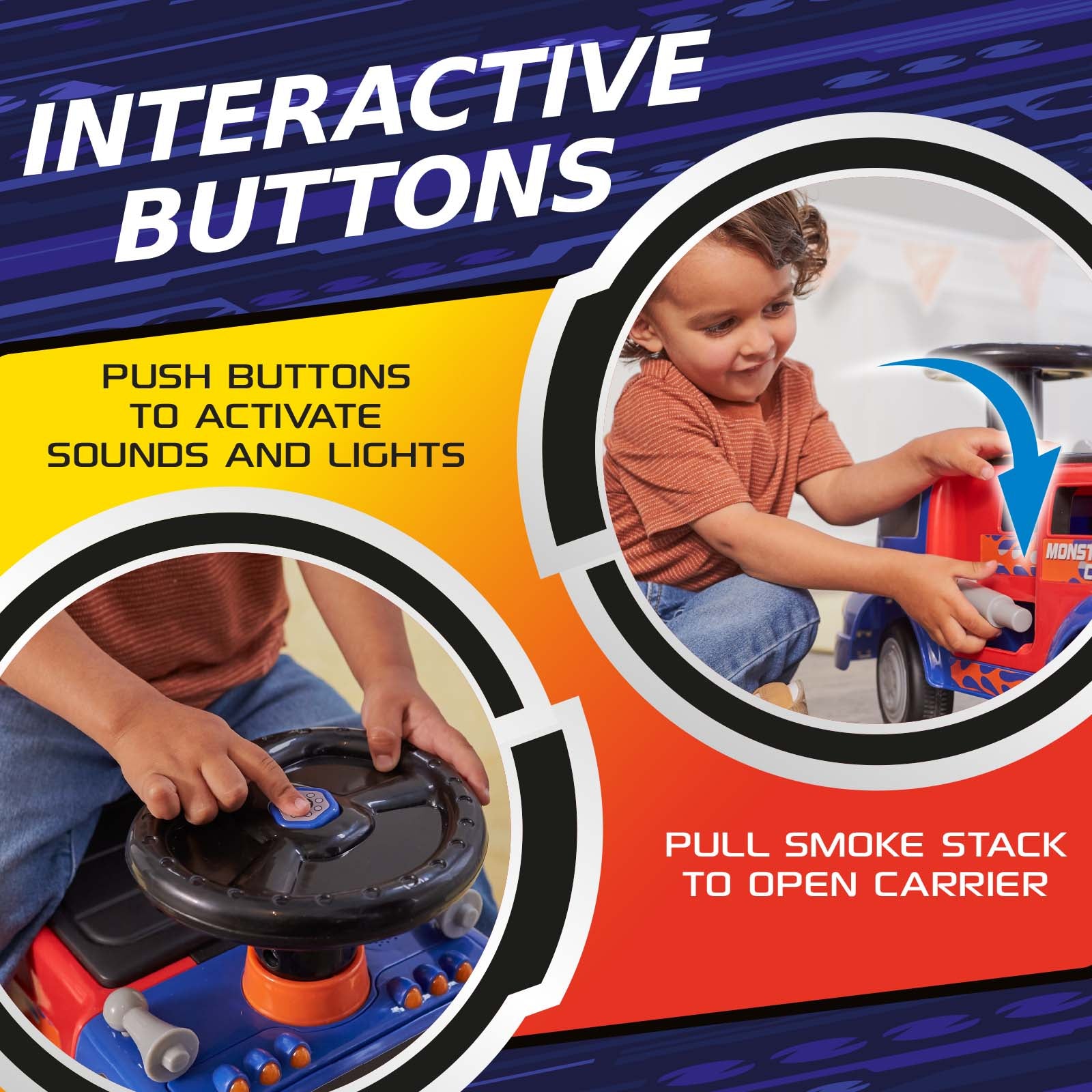 Ride On Toy Adventure Force Monster Rig Carrier Transportation Ride on for Kids 1-3 Years Old， Supports up to 44lbs