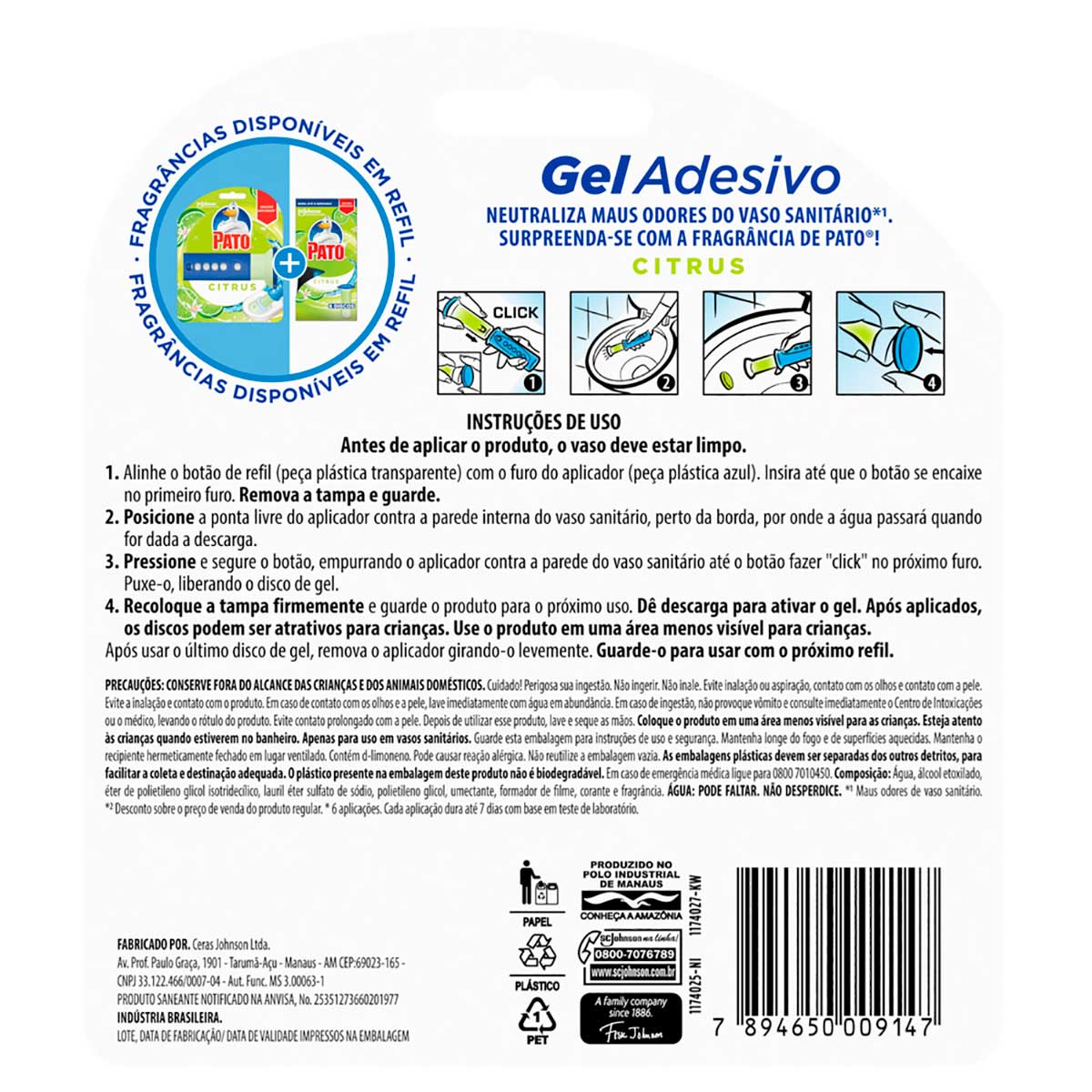 Desodorizador Sanitario Pato Gel Adesivo Citrus Aplicador e Refil 6 Discos Oferta Especial