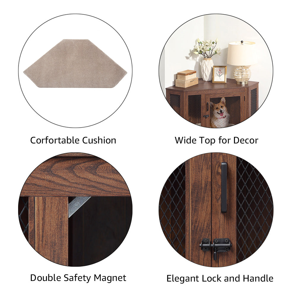 Unipaws Corner Dog Crate， Dog Crate furniture with Cushion， Dog Kennel with Wood and Mesh， Dog House for Limited Room (Medium， Walnut)