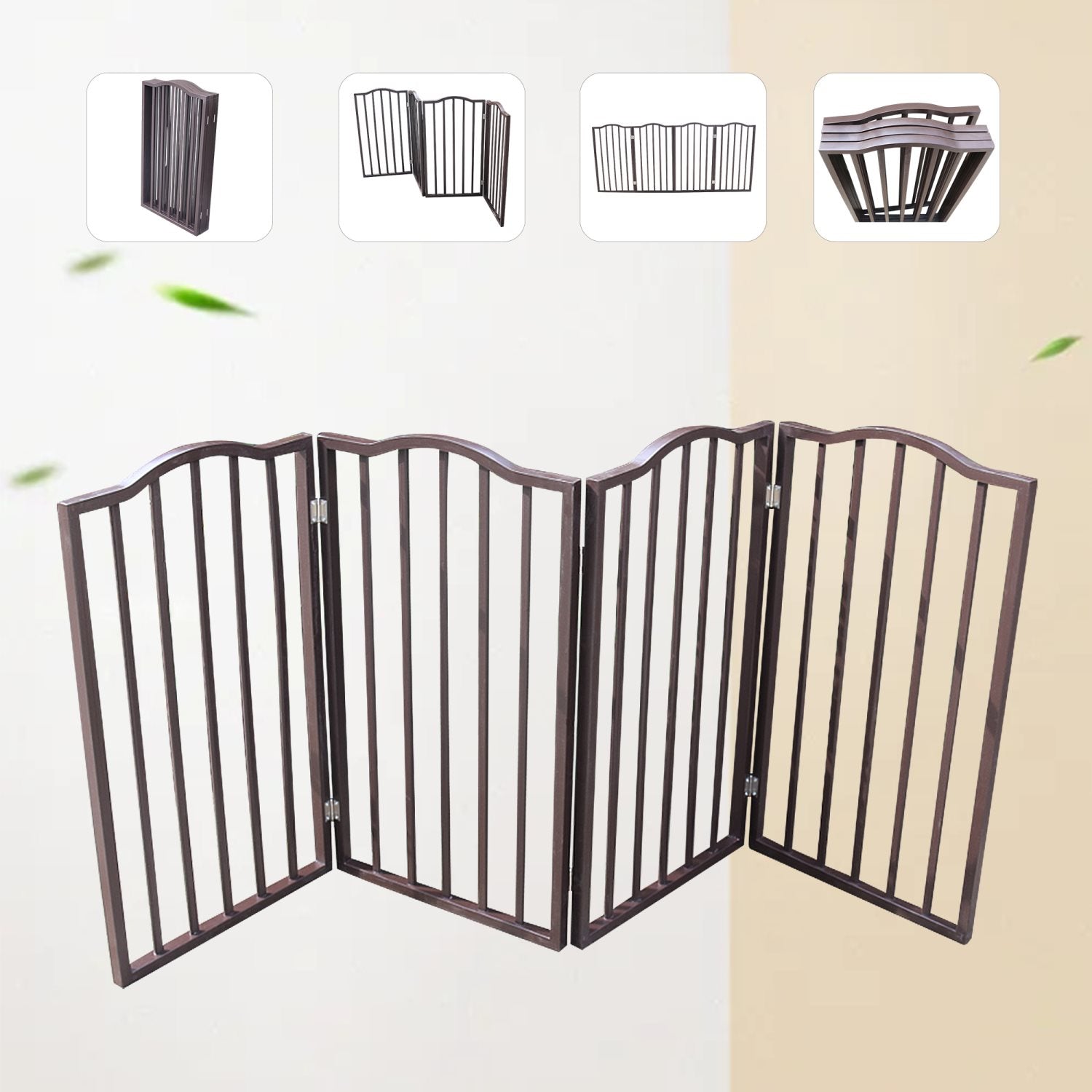 ANOGOL Foldable Pet Gate for Dogs， Dog Gate for Doorway， Stairs or House， Wooden Indoor Dog Fence， 32 inch 4 Panels Step Over Fence， Extra Wide，Brown