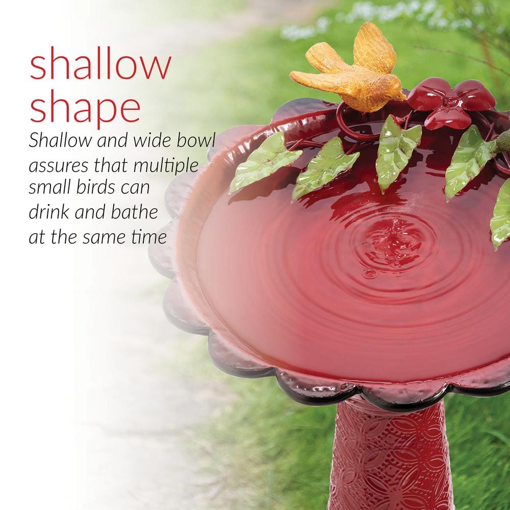 Alpine Corporation 28 in. Tall Outdoor Metal Birdbath with Birds and Leaves Yard Statue Decoration， Red ORS112RD