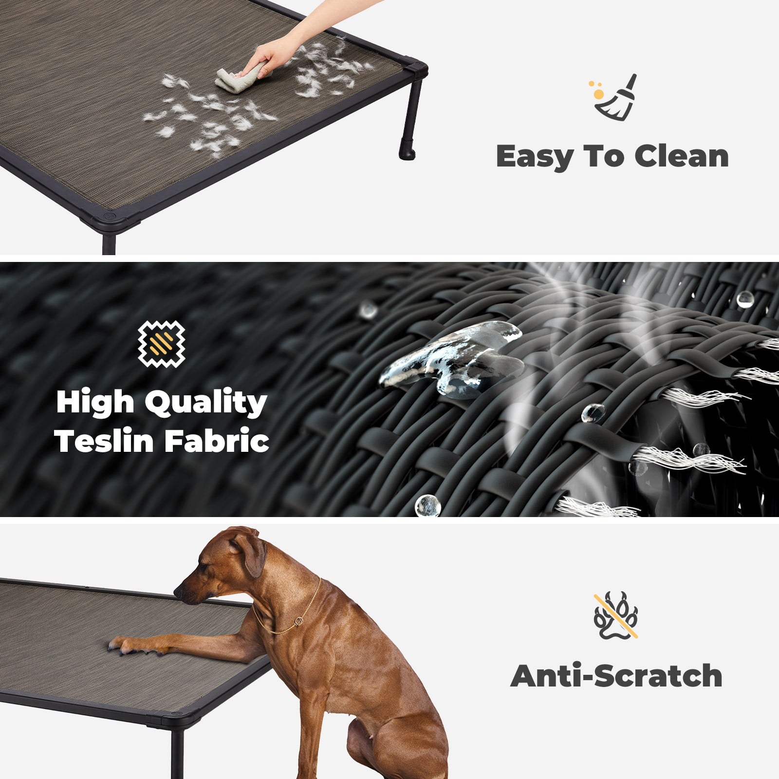 Veehoo Chewproof Dog Bed， Cooling Raised Dog Cots with Black Metal Frame， X Large， Brown