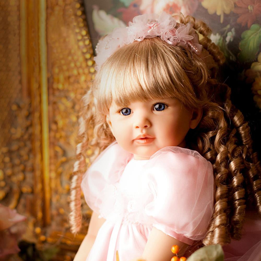 Ktaxon 24" Lovely Silicone Baby Doll Golden Curly Girl Wearing Pink Princess Dress