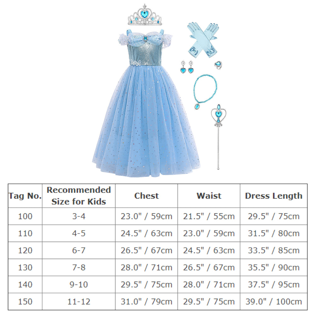 IMEKIS Cinderella Costume for Toddler Girls Princess Costumes Cinderella Dress Up Jewelry Set Crown Fairy Wand Baby Kids Halloween Cosplay Role Play Birthday Outfit 4-5 Years Blue Sequin