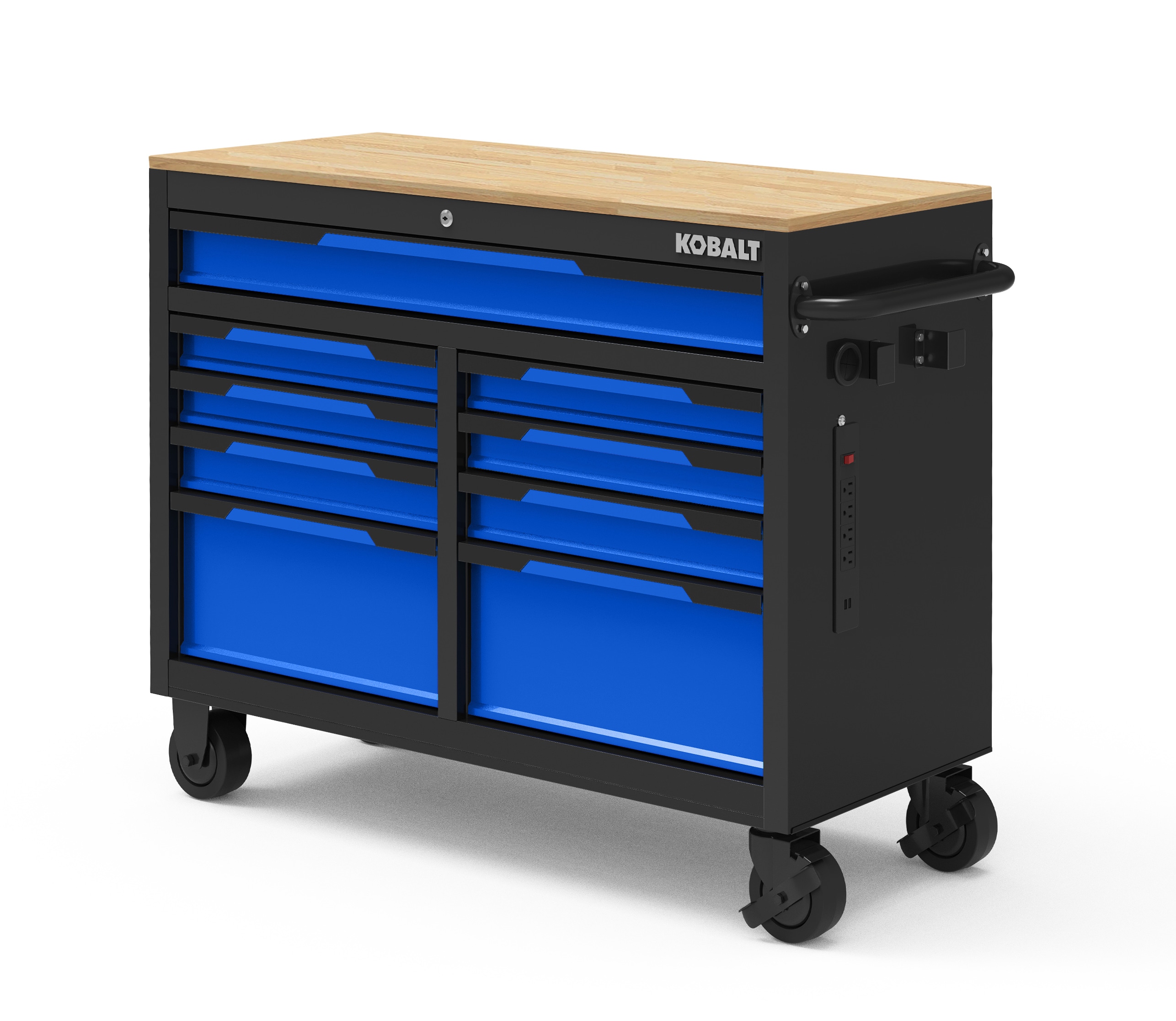 Bancada de trabalho Kobalt com 9 gavetas, 117 cm de comprimento x 94,5 cm de altura, em madeira preta/azul, com rodízios.