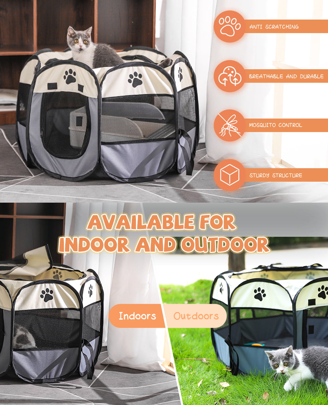 Portable Dog Playpen Puppy Playpen Indooor，Dog Pen Indoor Outdoor Foldable Cat Playpen Dog Playpen for Small Dogs Play Pens for Puppys Outdoor Cat Playpen， White and Gray