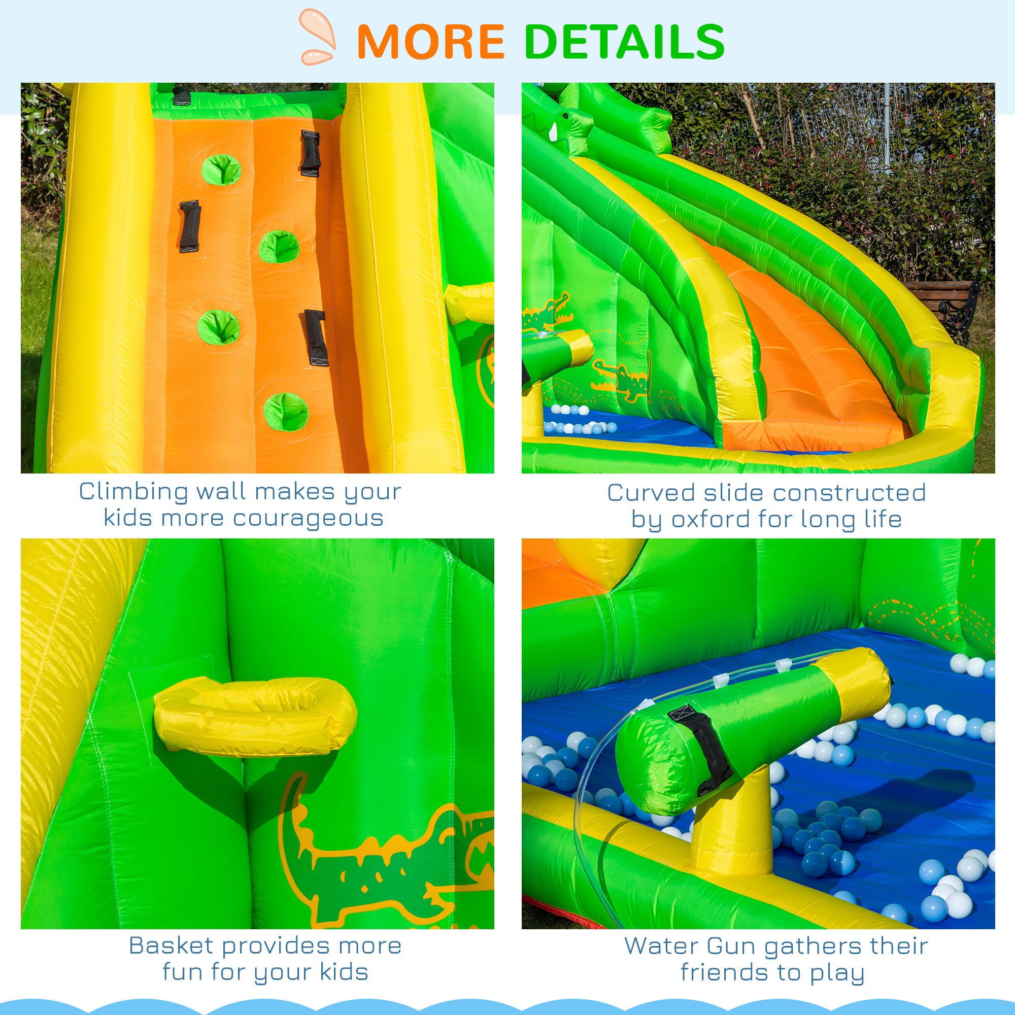 Outsunny 6 in 1 Inflatable Water Slide for Kids Backyard Water Park Castle Bounce House Extra Large Crocodile Style with Basket， Cannon， Pool， Climbing Wall， Slide and Carrybag Without Air Blower