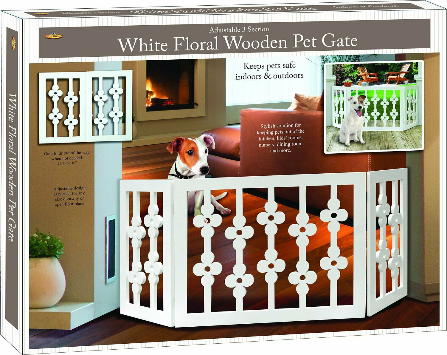 White Floral Wood Pet Dog Gate Foldable Adjustable 3-Section Freestanding Extra Wide. Keeps Pets Safe Indoors/Outdoors - Fully Assembled