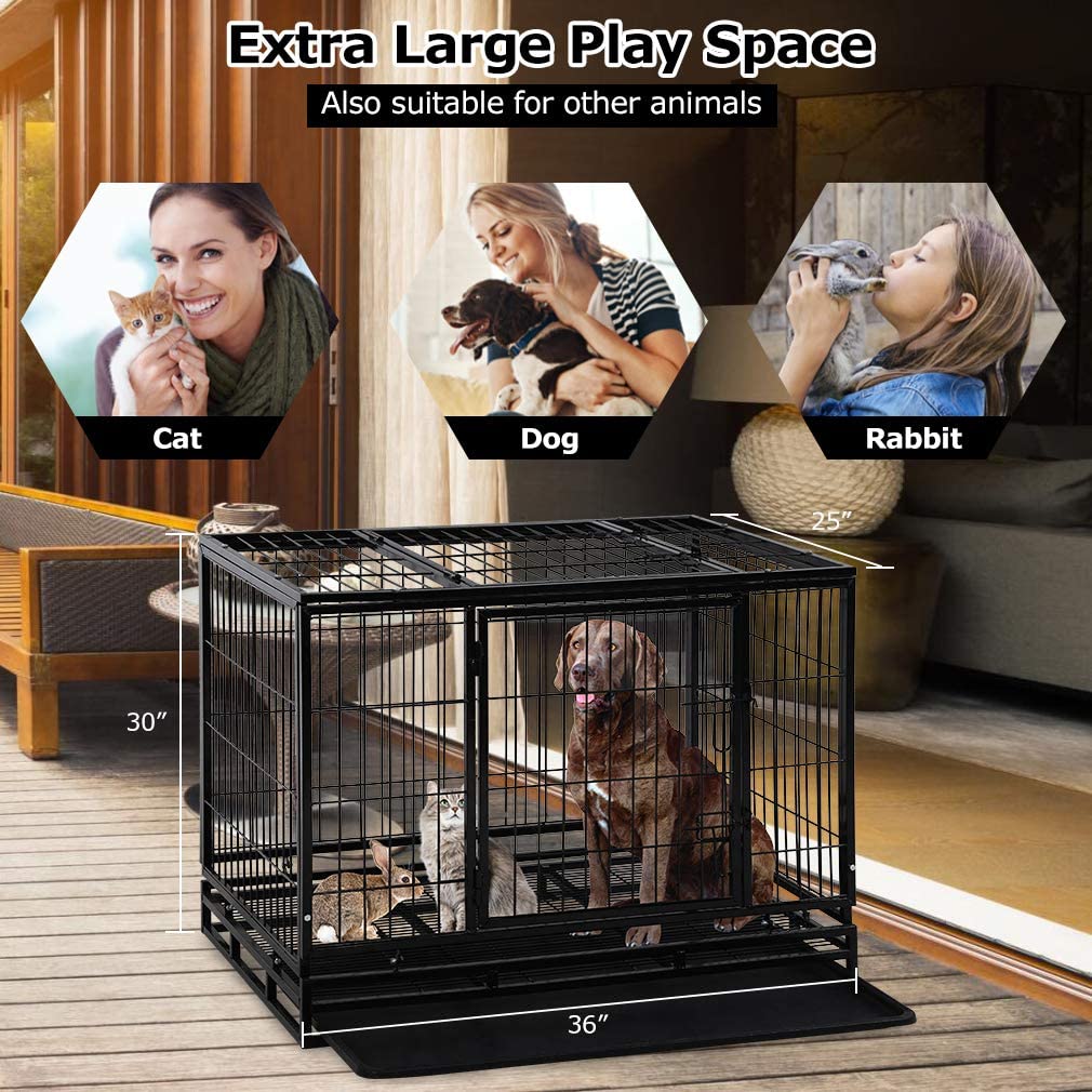 BestPet Large Dog Cage Heavy 48/42/36 inch Kennel Training Indoor and Outdoor with Plastic Tray Double Door and Lock Design (Black)