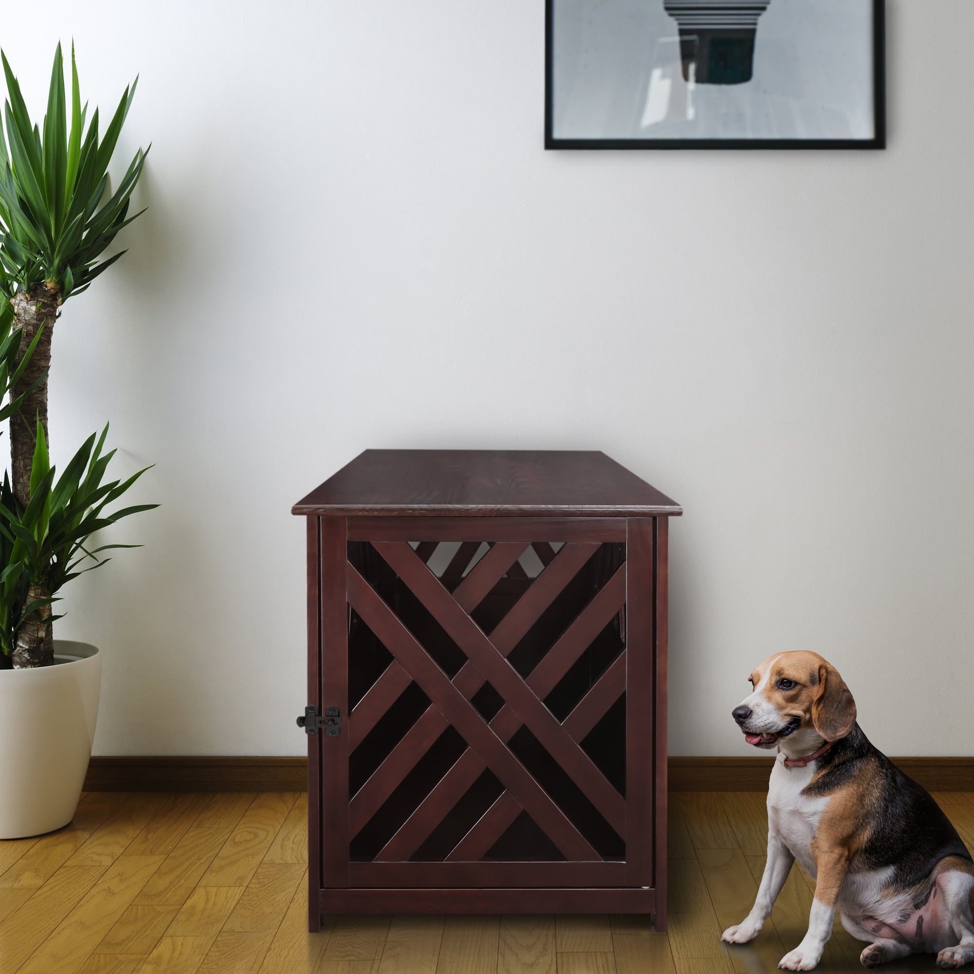 Casual Home Modern Lattice Wooden Pet Crate End Table， Espresso， Medium， 33