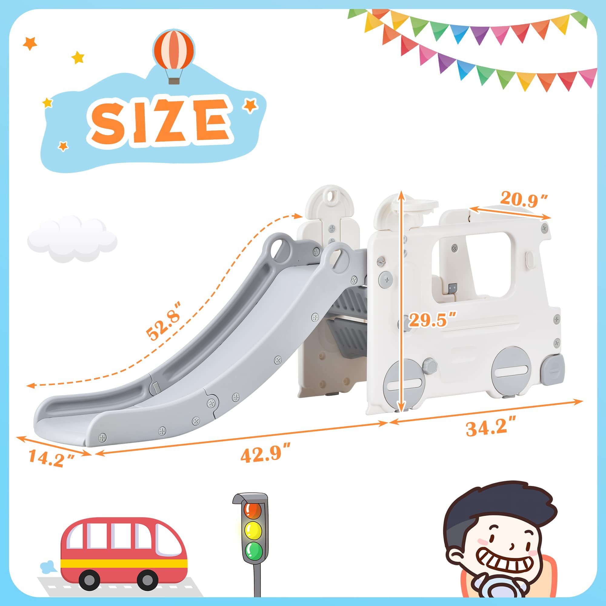 Kainsy 4-in-1 Baby Slide with Bus, Indoor Kids Slide with Basketball Hoop, Climber & Bus Playhouse, Outdoor Playground Slide for Toddler 1+ Playset, Gray and White