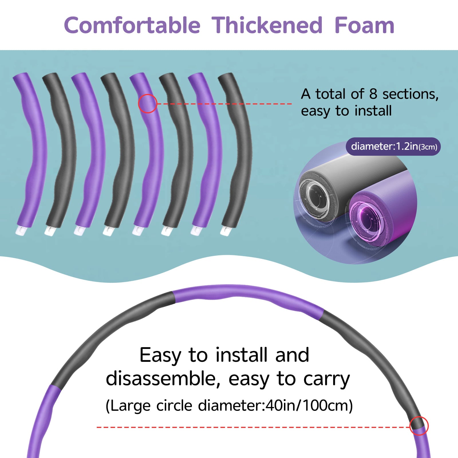 DOTSOG Weighted Hula Hoop for Adults Weight Loss， Workout Equipment for Home Gym， Exercise Hula Hoop with 8 Detachable Sections-(Purple/Gray)