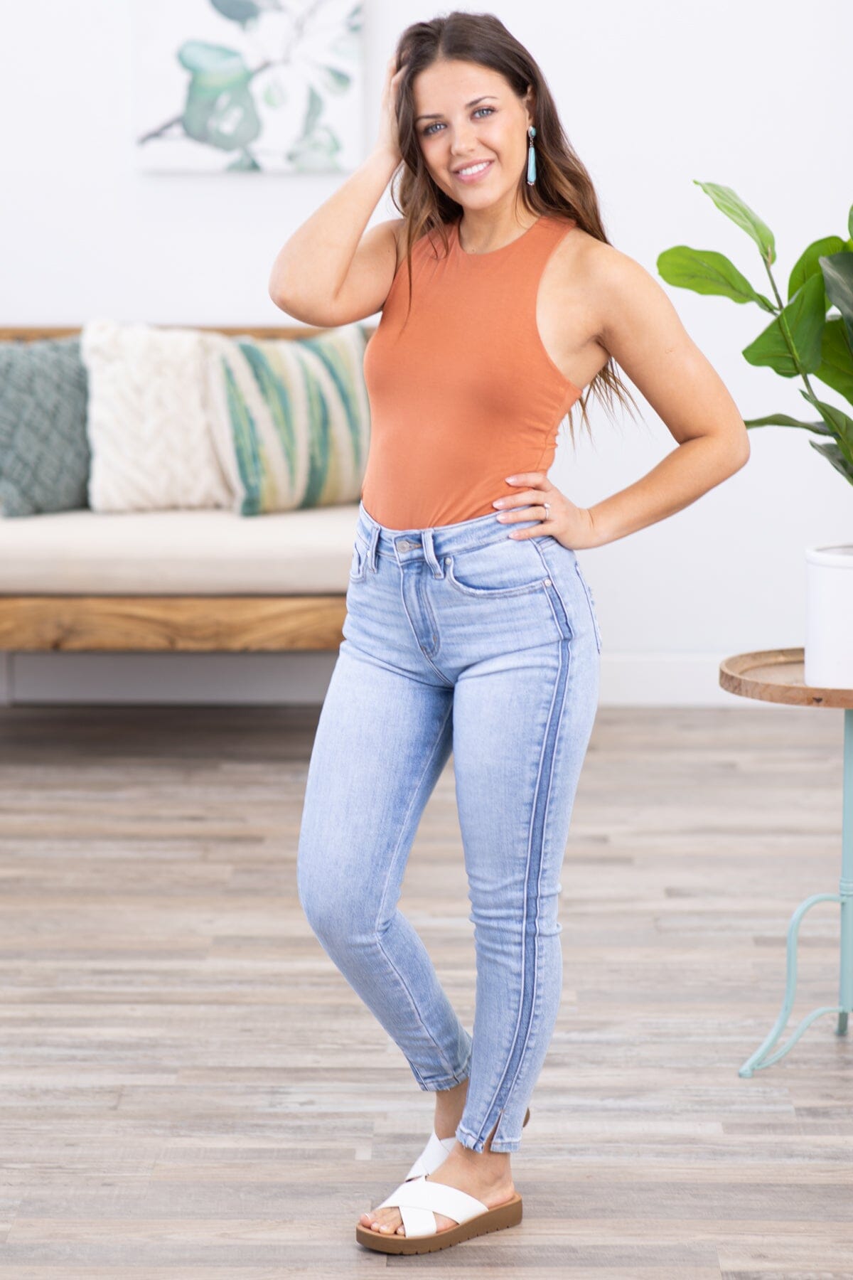 Burnt Orange High Neck Double Layer Knit Tank