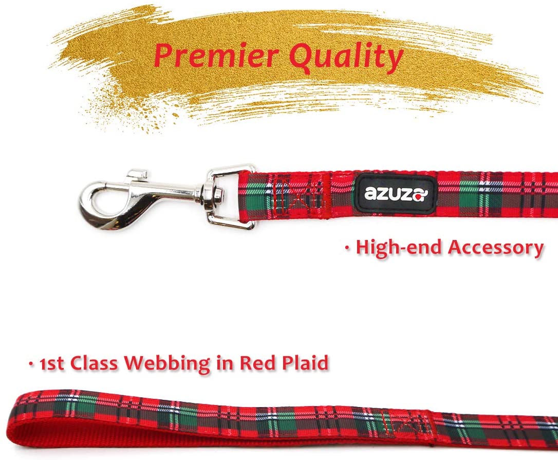 azuza Christmas Dog Collar and Leash Set， Buffalo Plaid Dog Collar with Matching Leash for Small Medium Large Dogs， Great for Christmas， New Year， Festivals and Daily Use