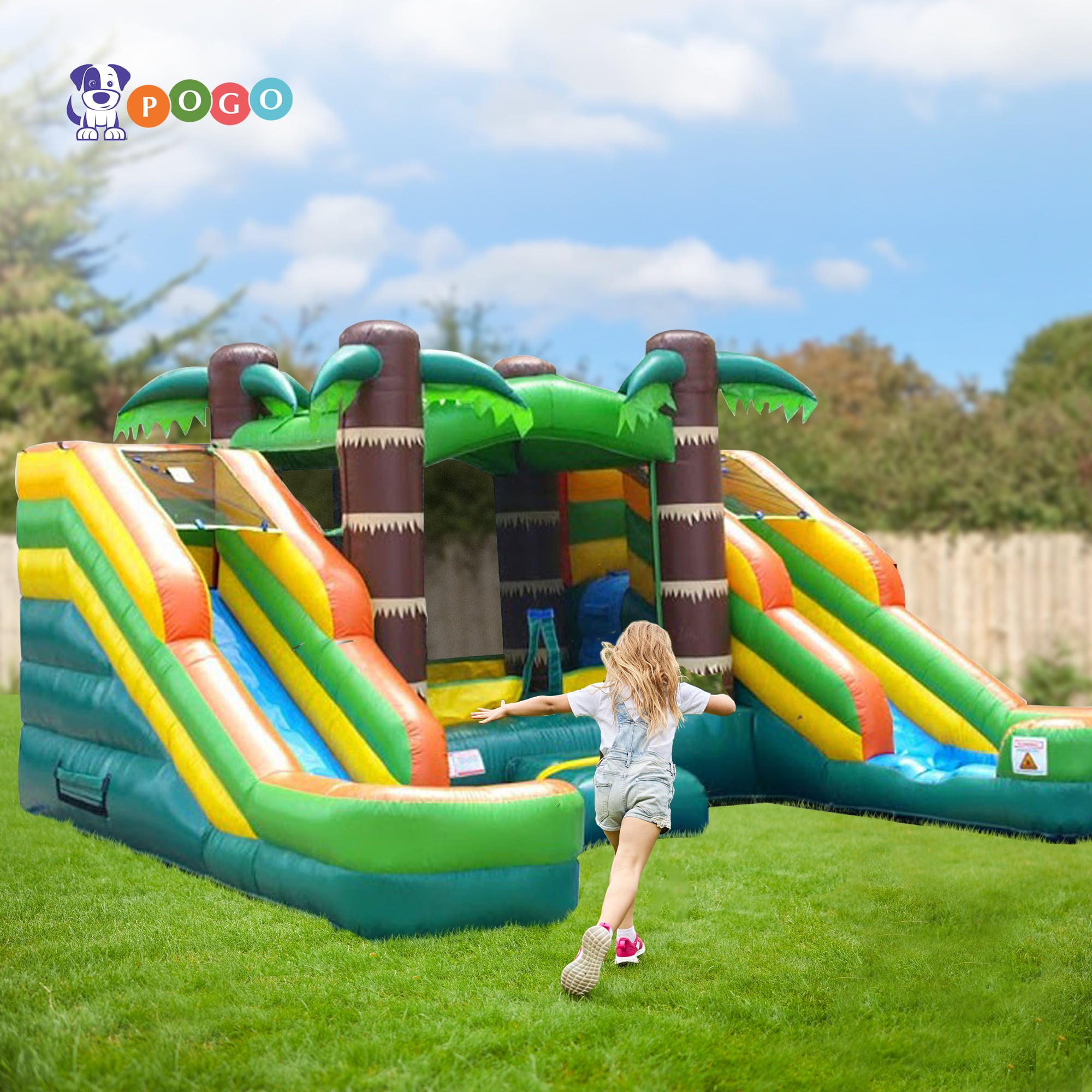 Pogo Bounce House Crossover Tropical Inflatable Double Water Slide Bounce House， Backyard Party Package