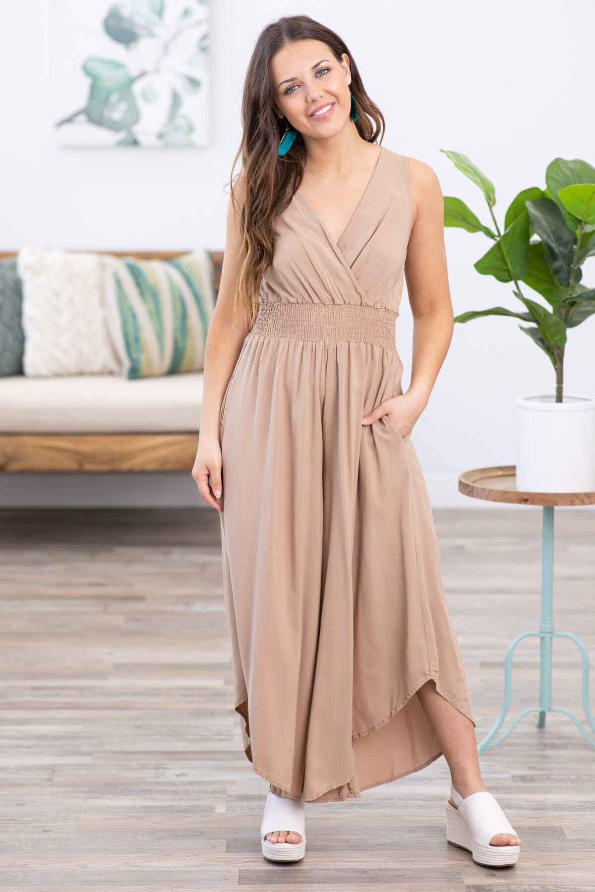 Tan Surplice Front Smocked Waist Jumpsuit