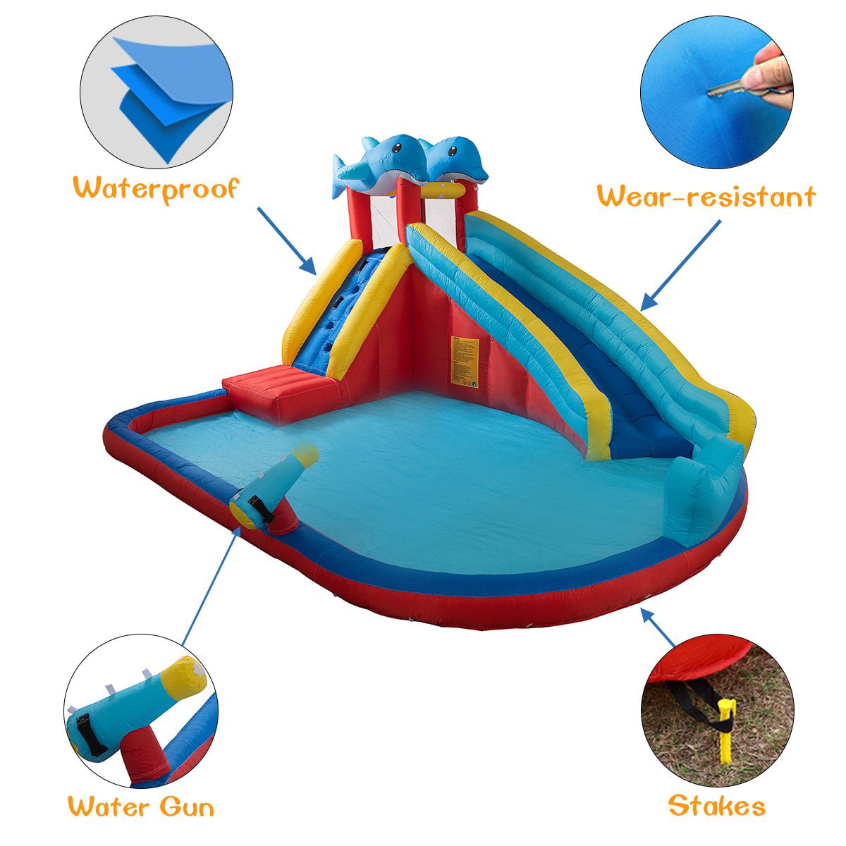 Inflatable Water Slide Park Bounce House for Kids， Climbing Wall and Splash Pool and Water Gun， Outdoor Backyard Waterslide for Girl and Boy (with 450W Air Blower)