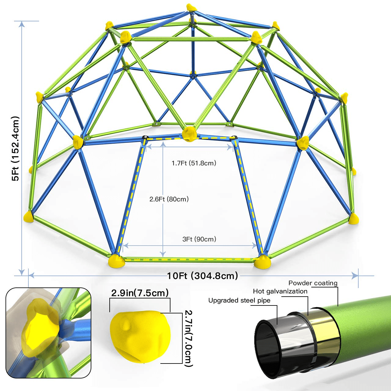 GIKPAL Climbing Dome， 10FT Dome Climber with Canopy Monkey Bars for Kids 3 to 10 Outdoor Play Equipment， Supports up to 1000lbs Jungle Gym， Anti-Rust， Easy Assembly， Gift for Kids - Blue+Green